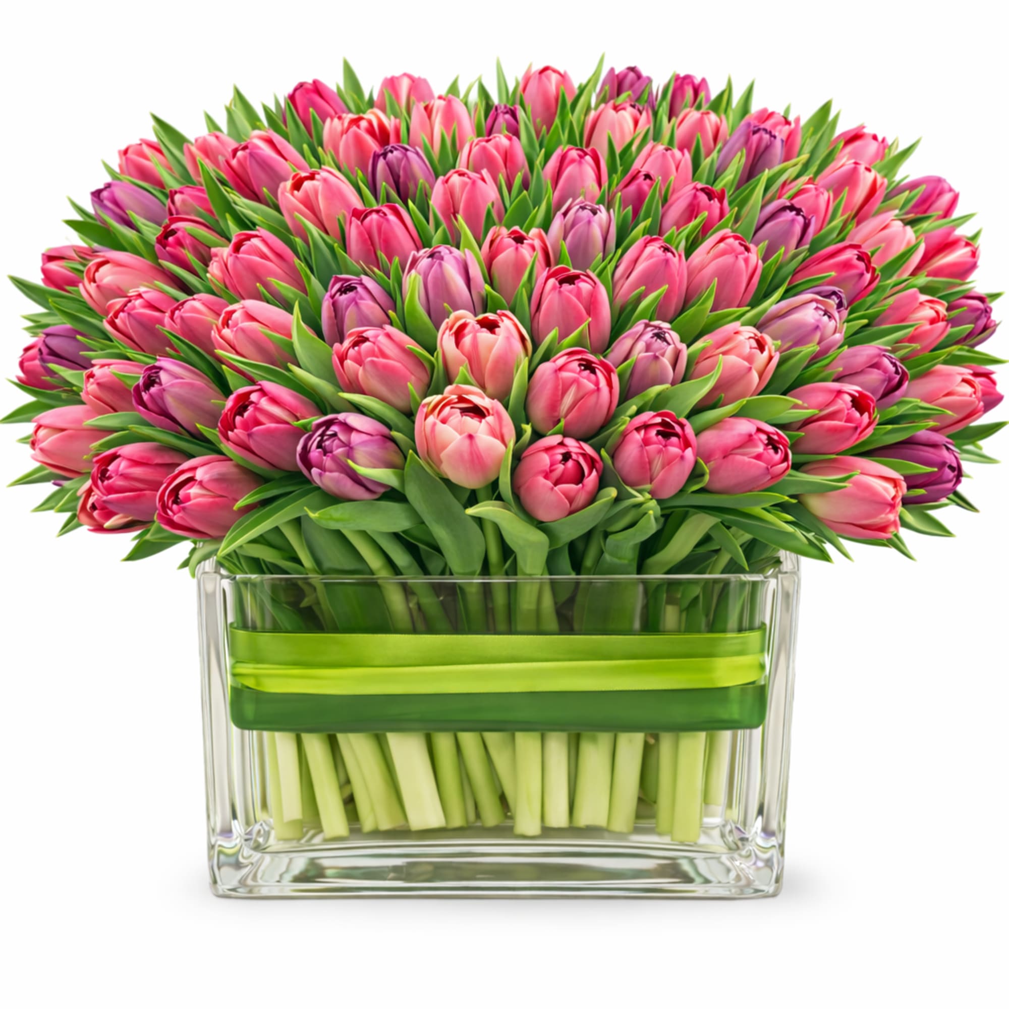 A mixed-color tulip arrangement in a vase is a vibrant and elegant