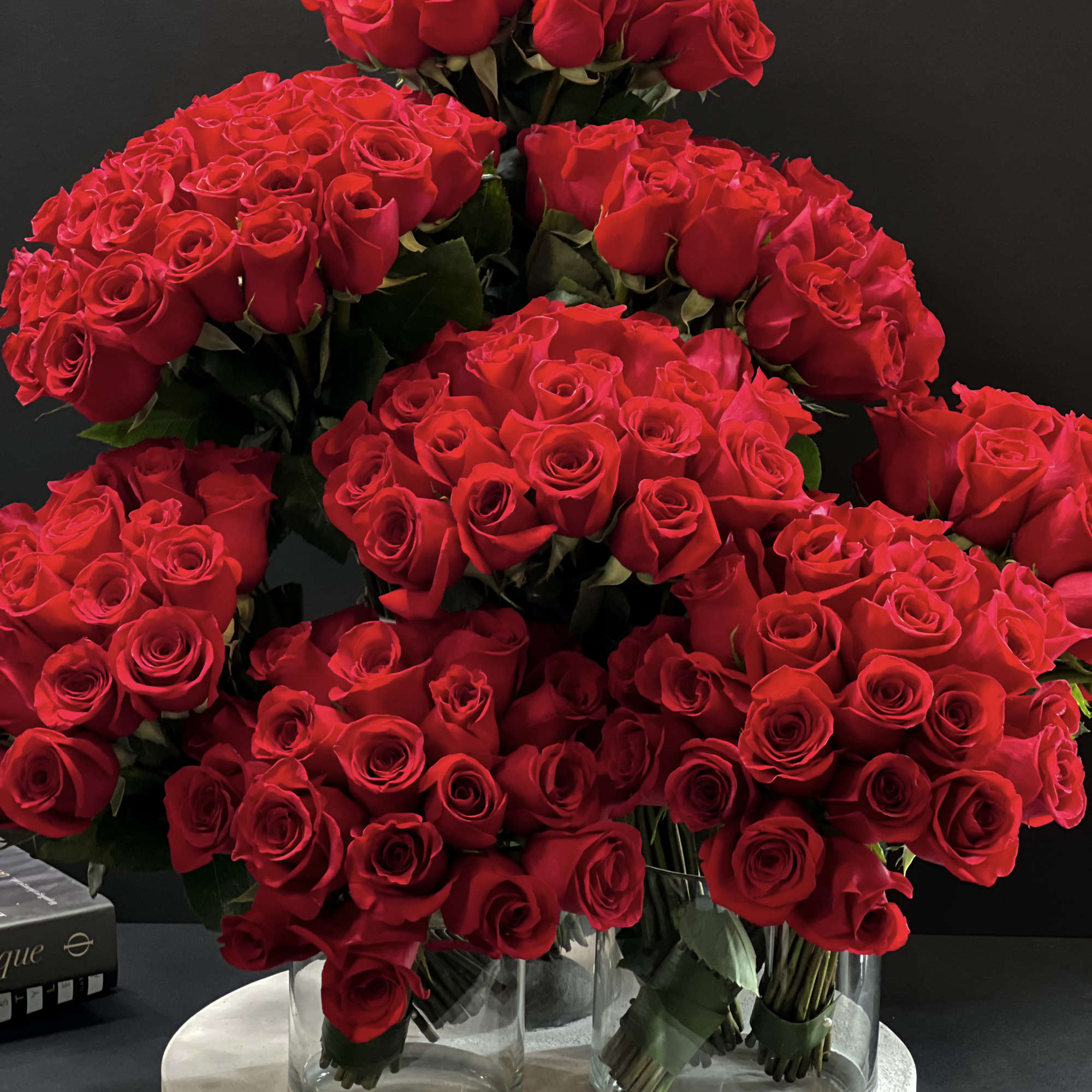 "Amor" Exclusive design with 200 roses arranged in cement tray with 3