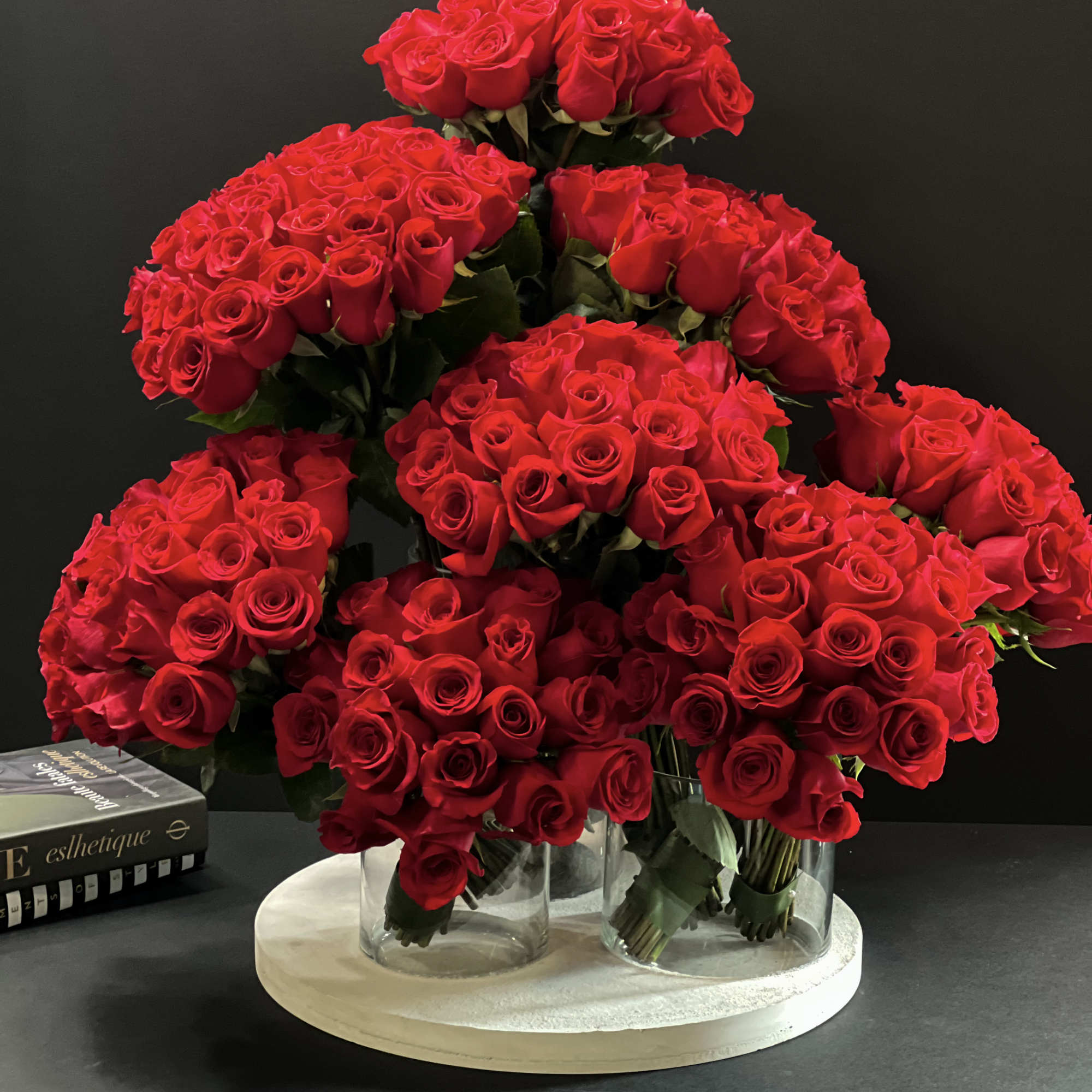 "Amor" Exclusive design with 200 roses arranged in cement tray with 3