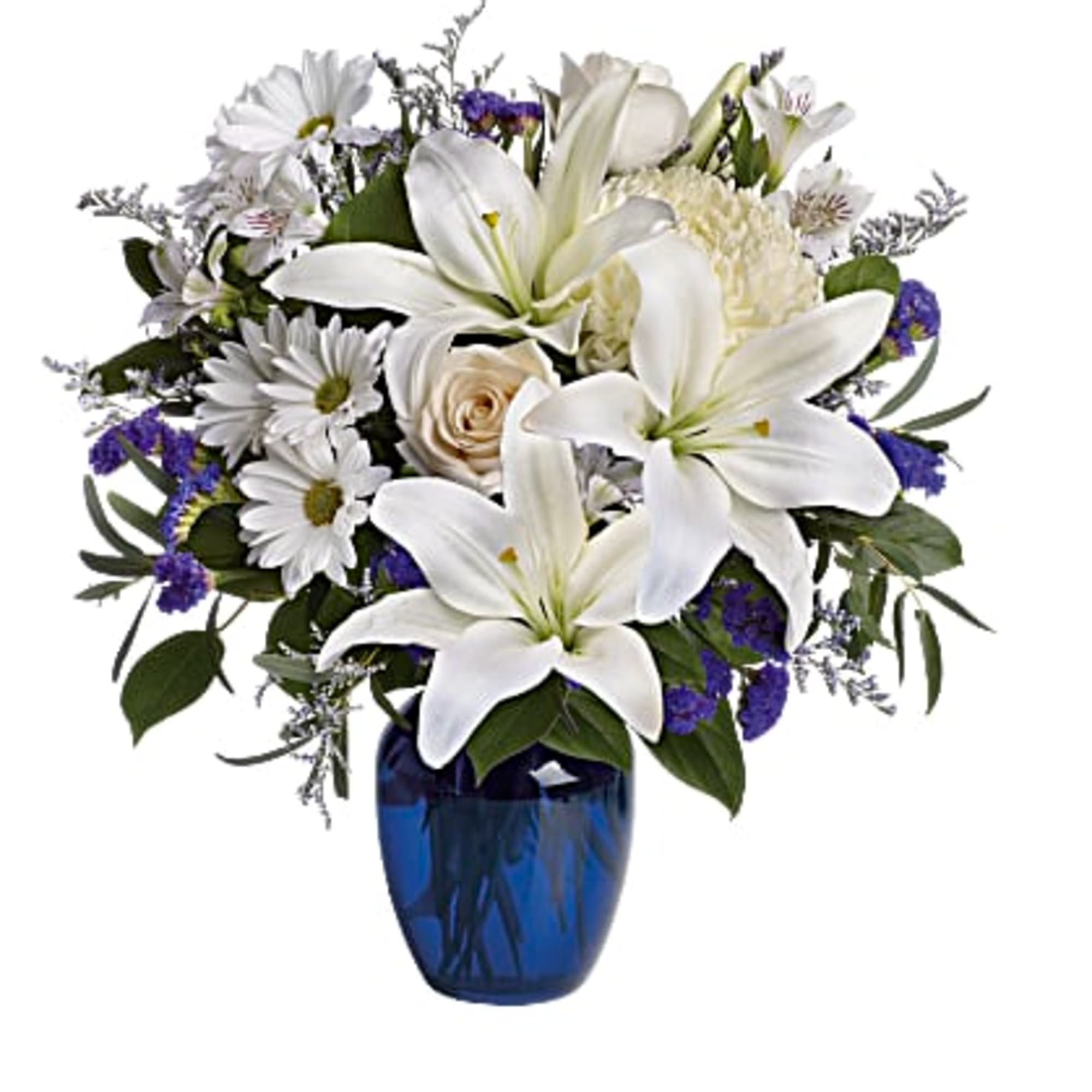 Blooms such as cr&egrave;me roses, graceful white oriental lilies, white alstroemeria, a