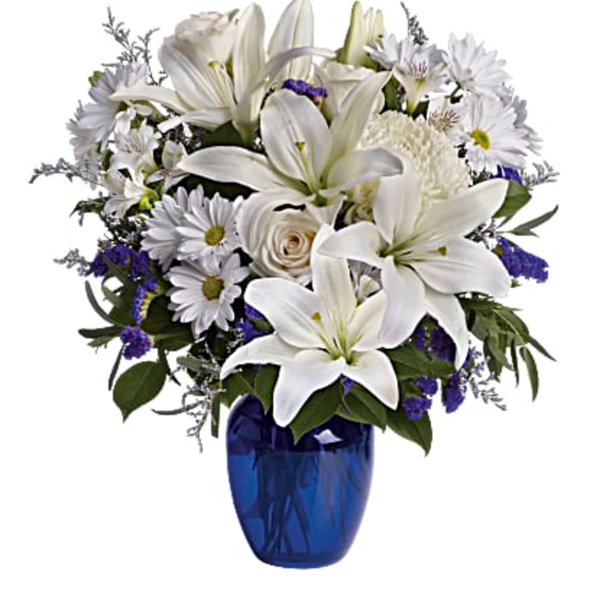 Blooms such as cr&egrave;me roses, graceful white oriental lilies, white alstroemeria, a