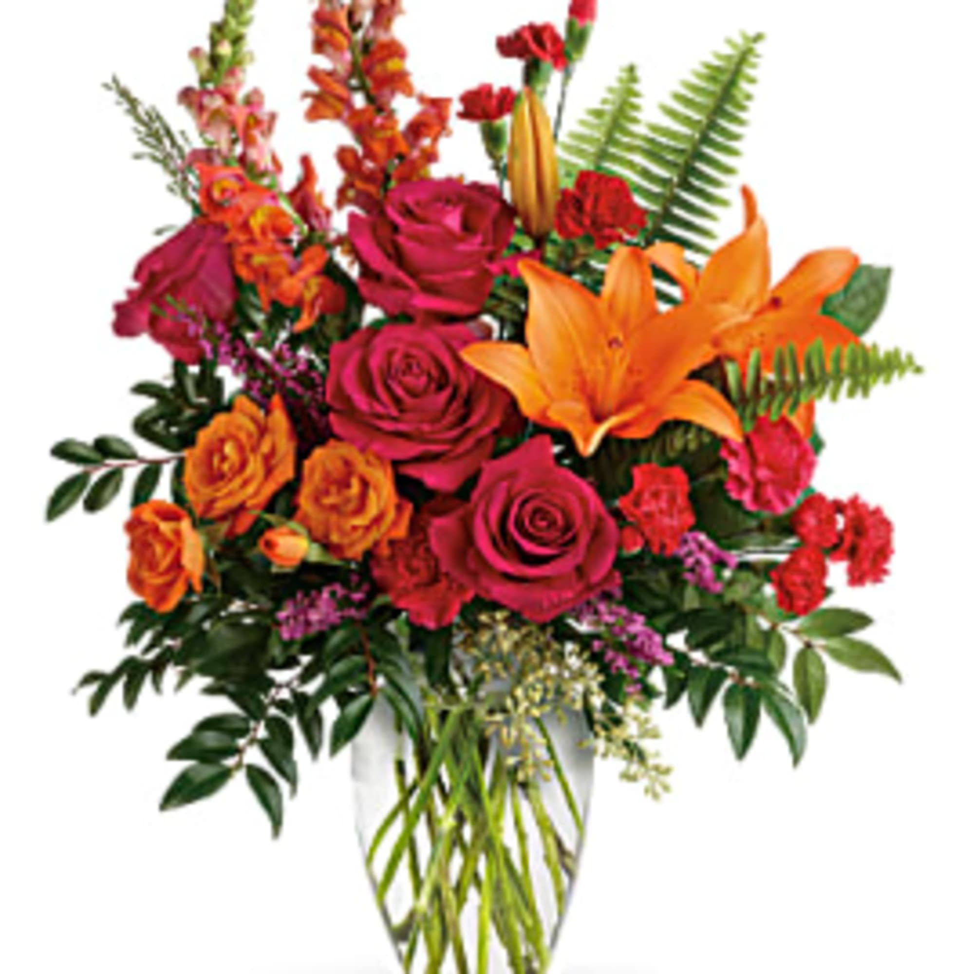 Sunset-inspired color, this bold, beautiful blend of hot pink roses and orange