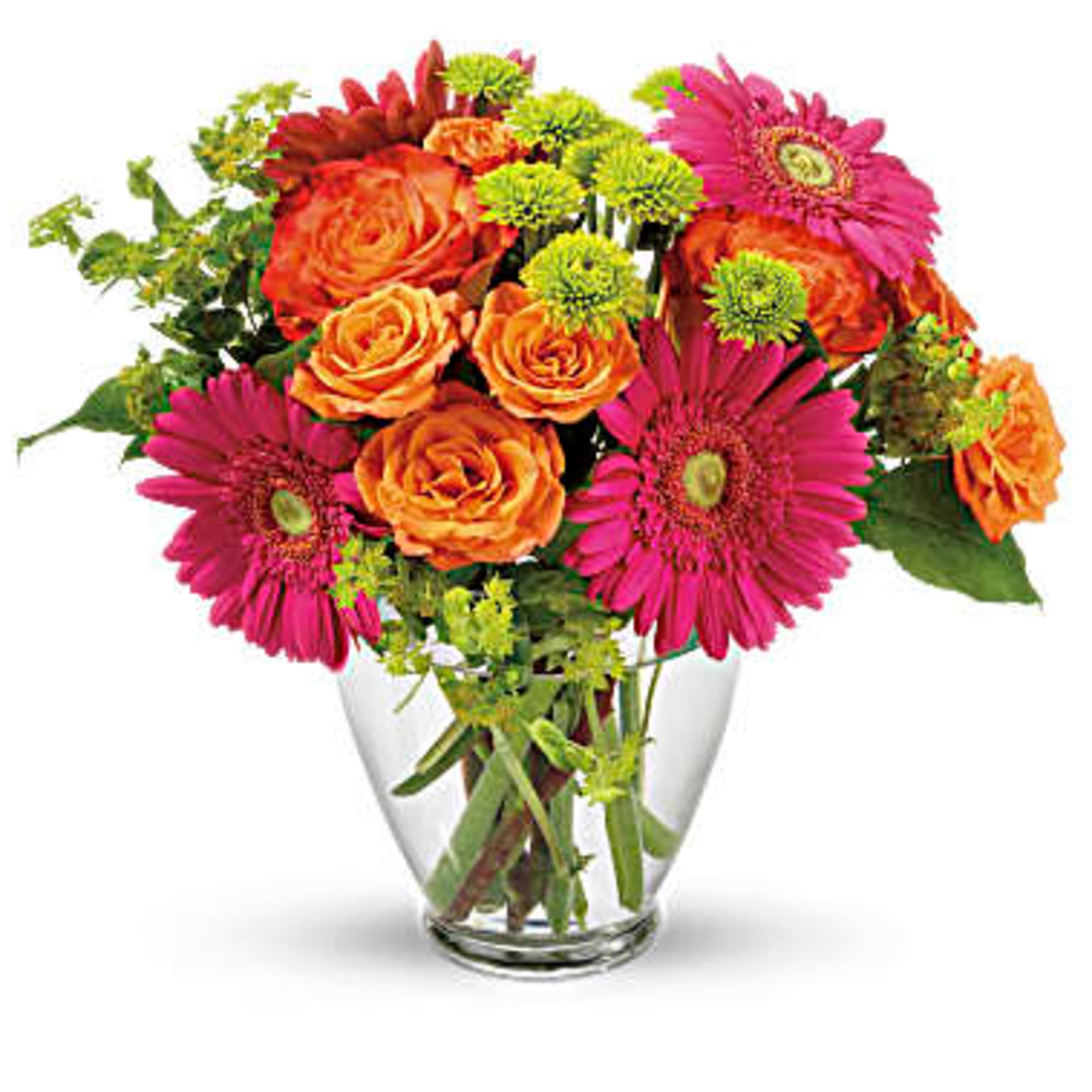 Start the day with hot pink gerbera daisies and orange roses.
