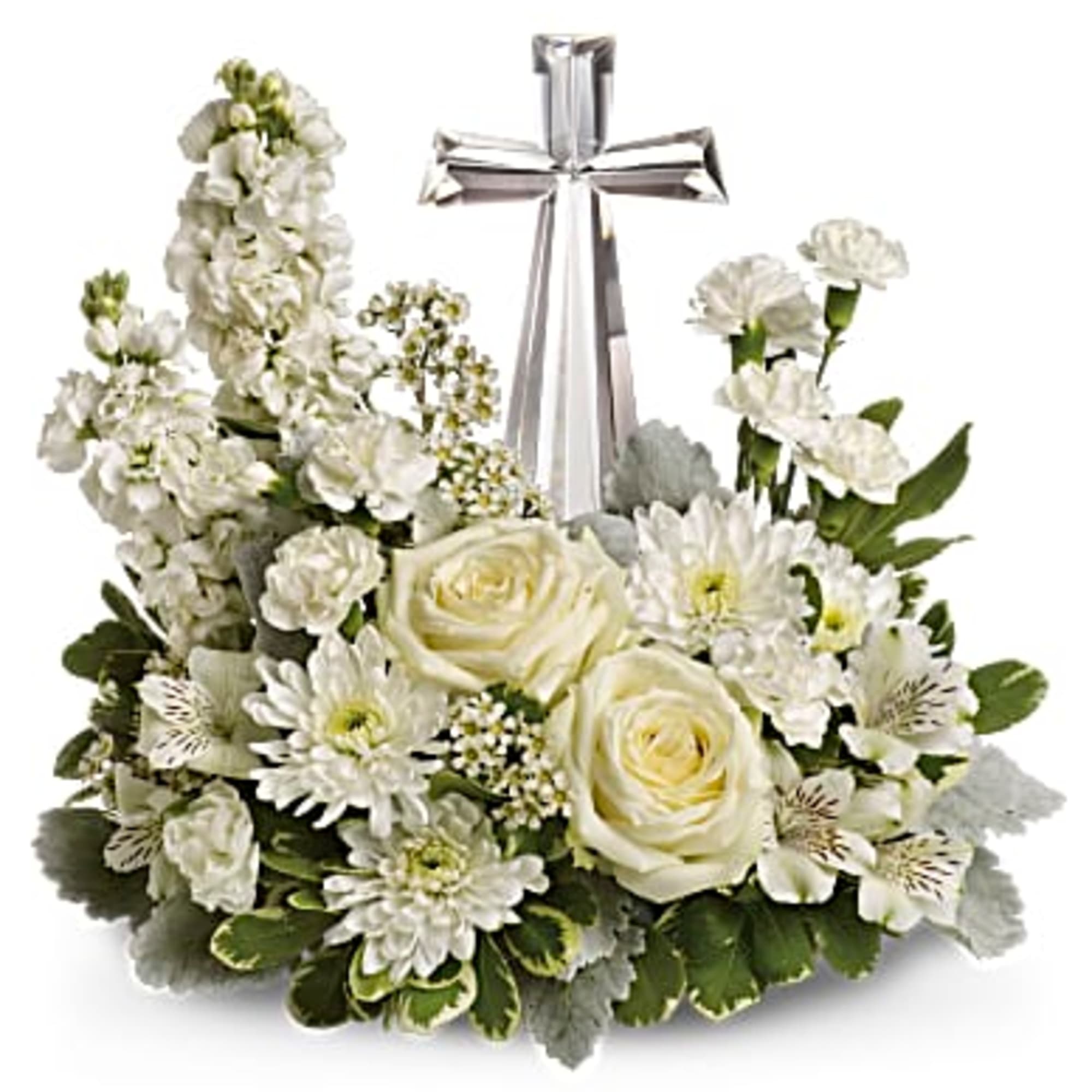 An elegant synthesis of peace upheld by faith. White blooms - including