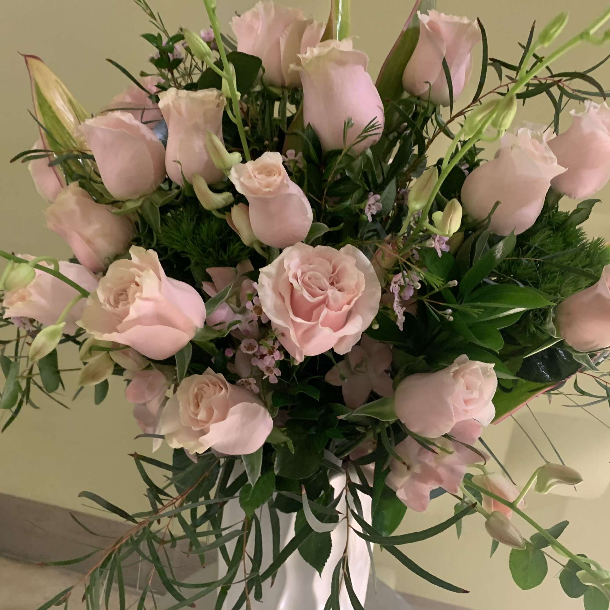 24 Premium pink roses in white ceramic modern vase  arrangement will