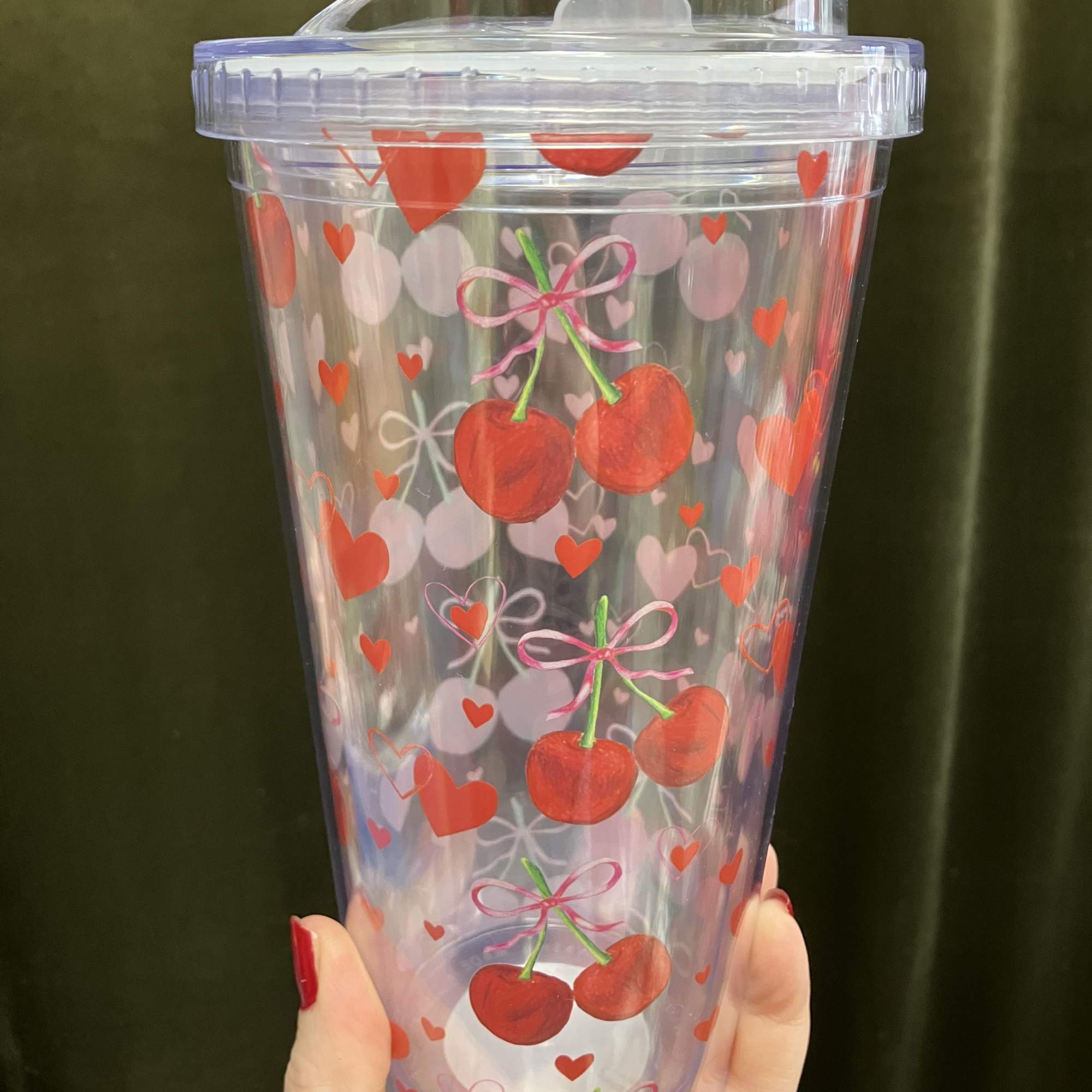 Send a cute tumbler decorated with cherries! Bright red and pinks are