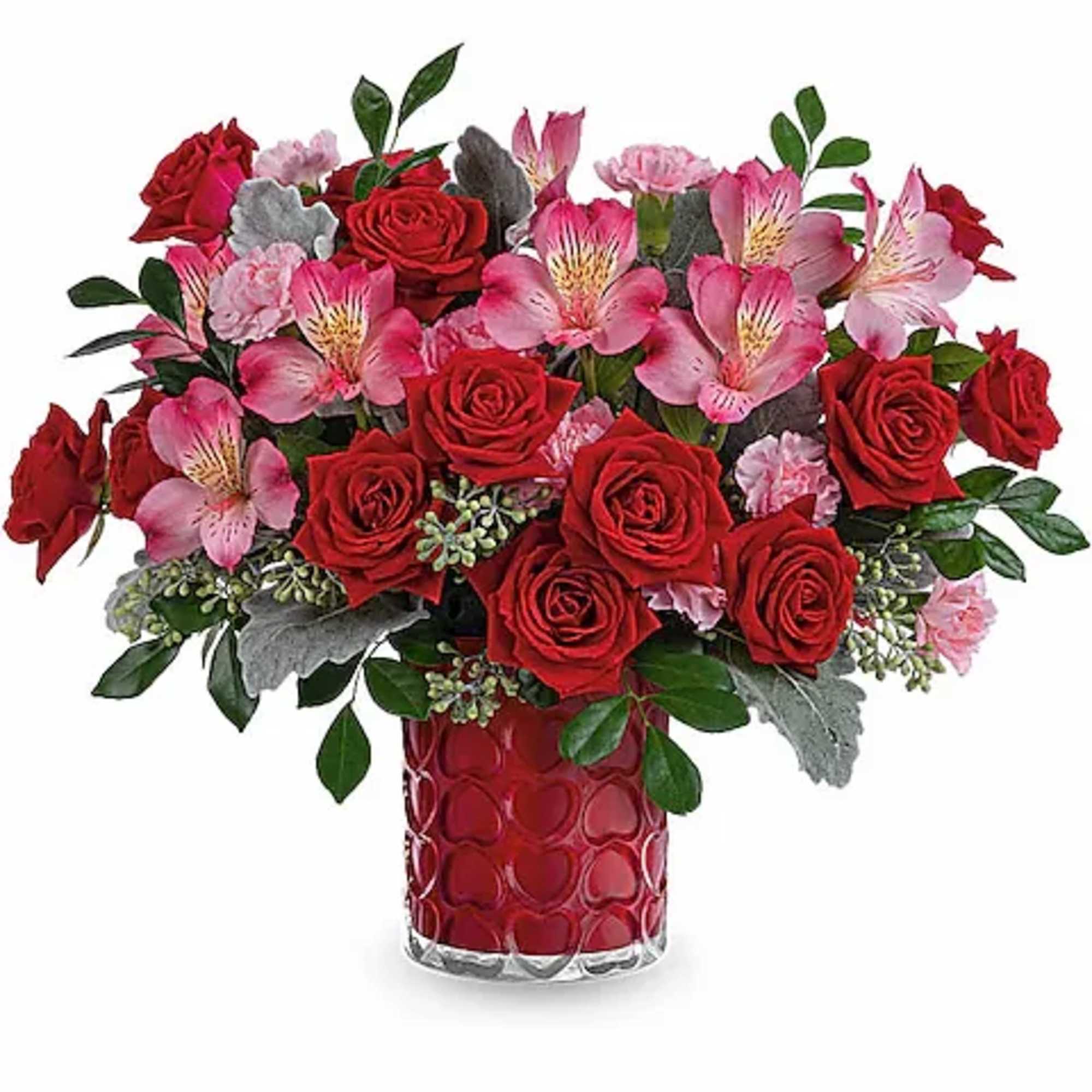 Adorned with a charming heart pattern and gleaming with a pearlescent finish