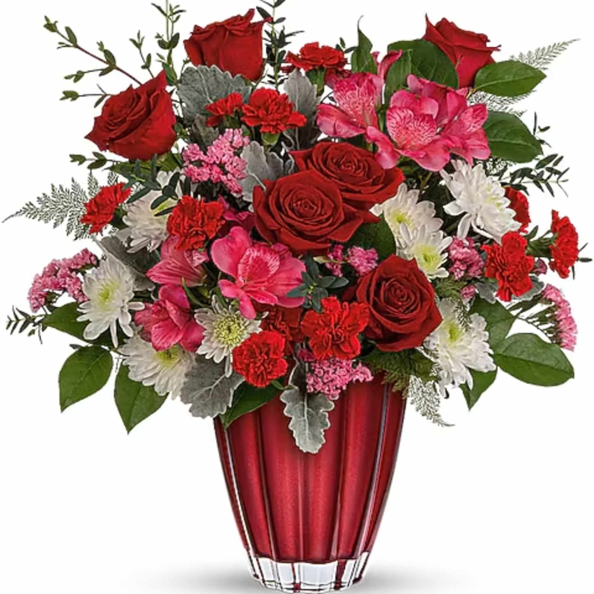 Sleek and sophisticated, this stunning Valentine's Day surprise features lush red and