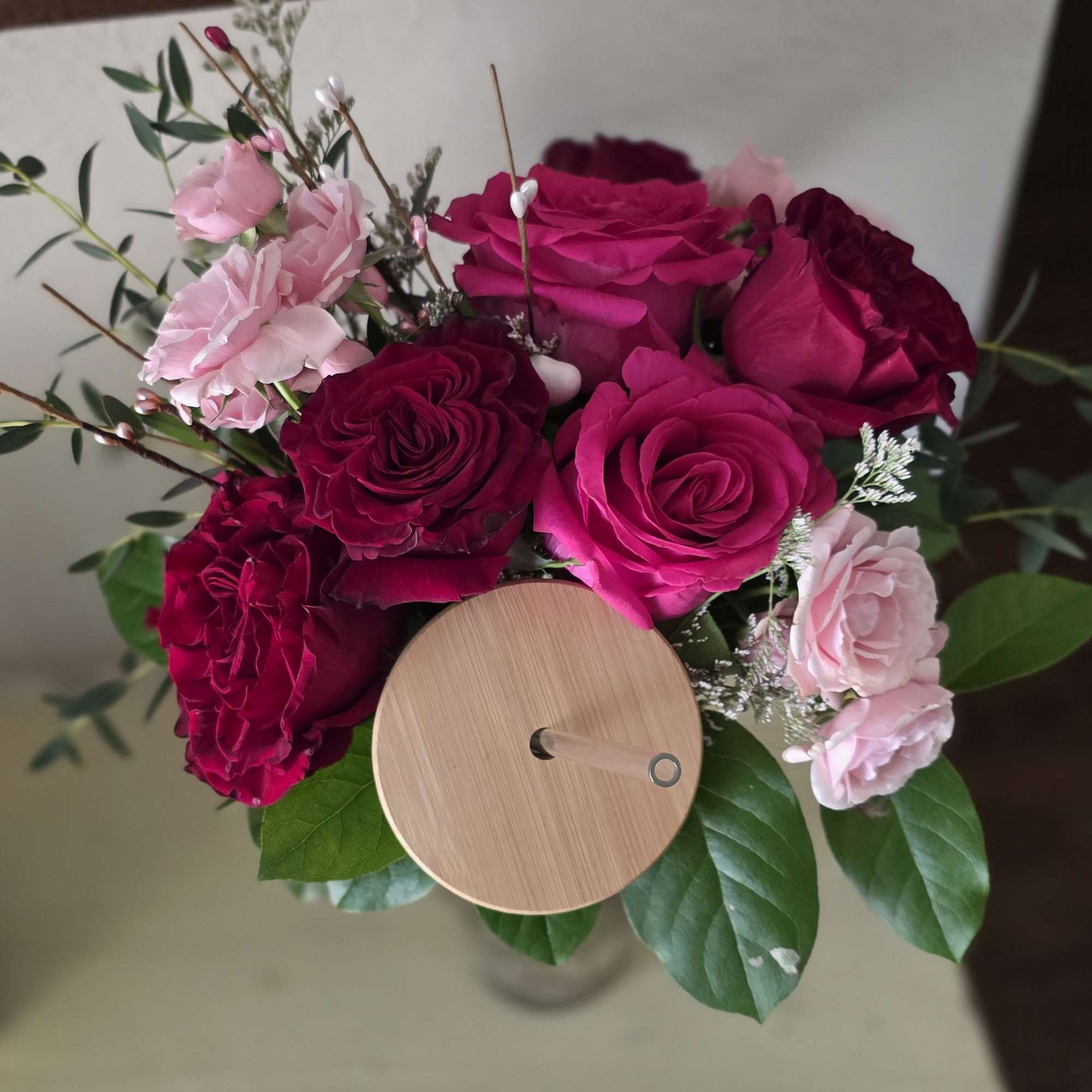Gorgeous Premium Pink and Red roses in a beautiful reusable glass tumbler.