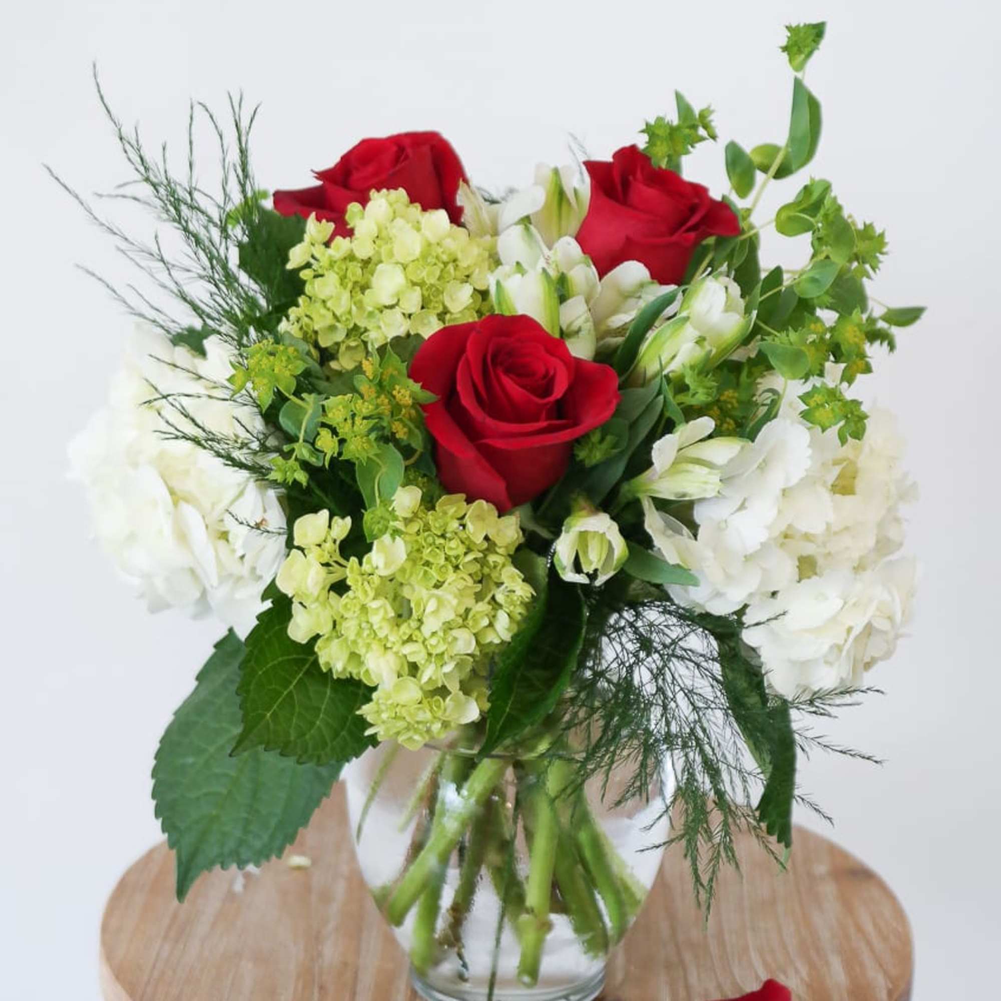 Our classic White &amp; Green Bouquet with a splash of Red! 

