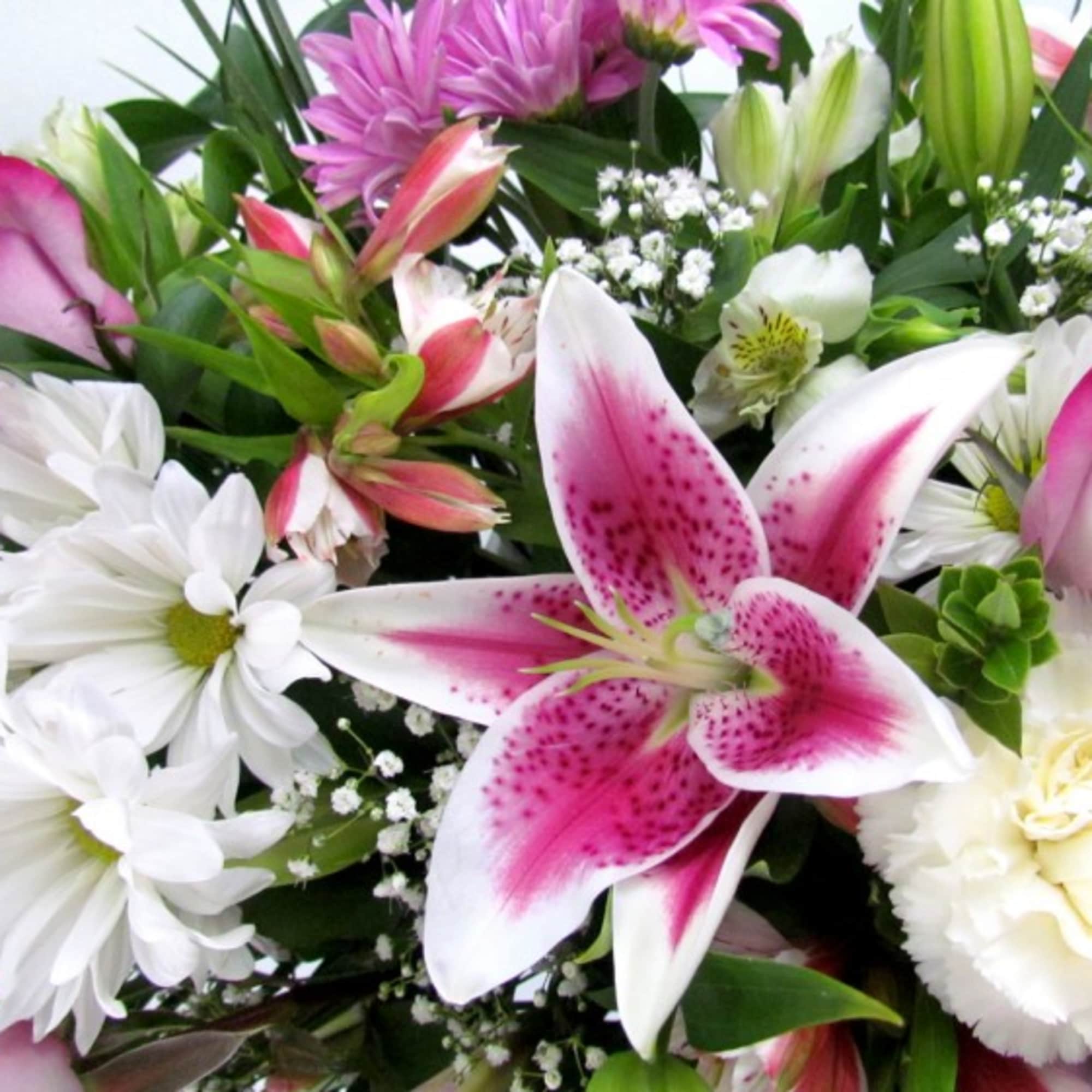 Pink, lavender, cream and white flowers are hand-arranged along with airy greens