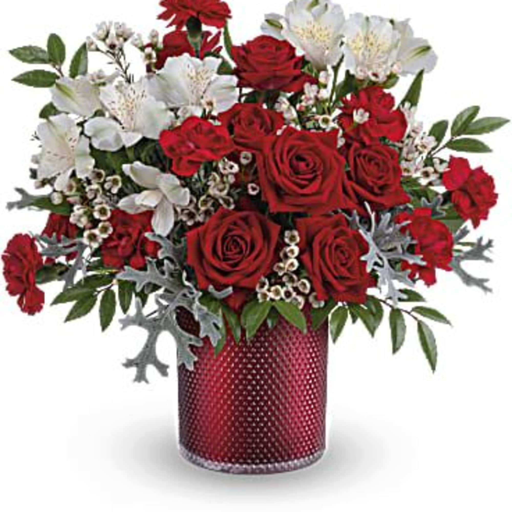 This radiant red rose bouquet is presented in a shimmering scarlet glass