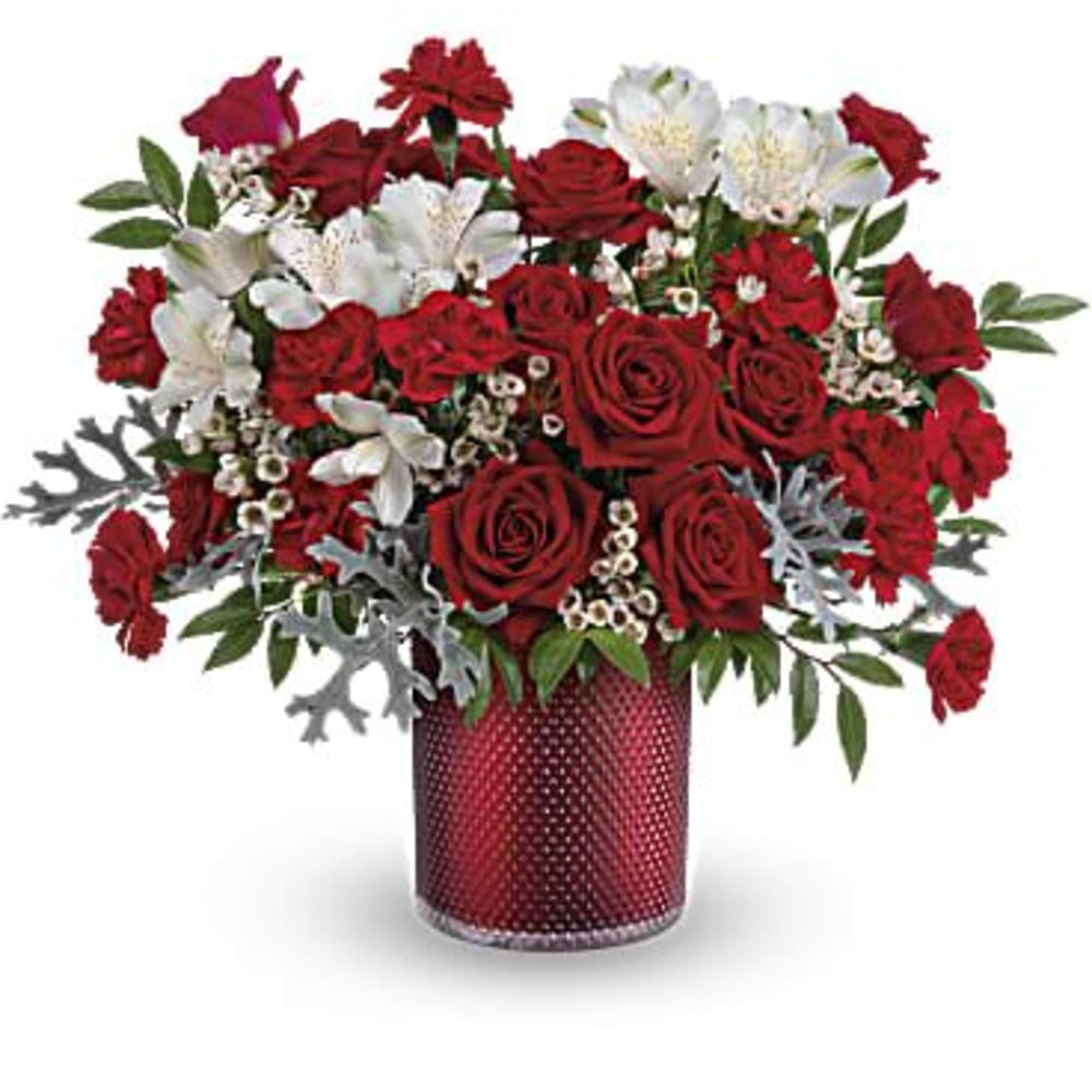 This radiant red rose bouquet is presented in a shimmering scarlet glass