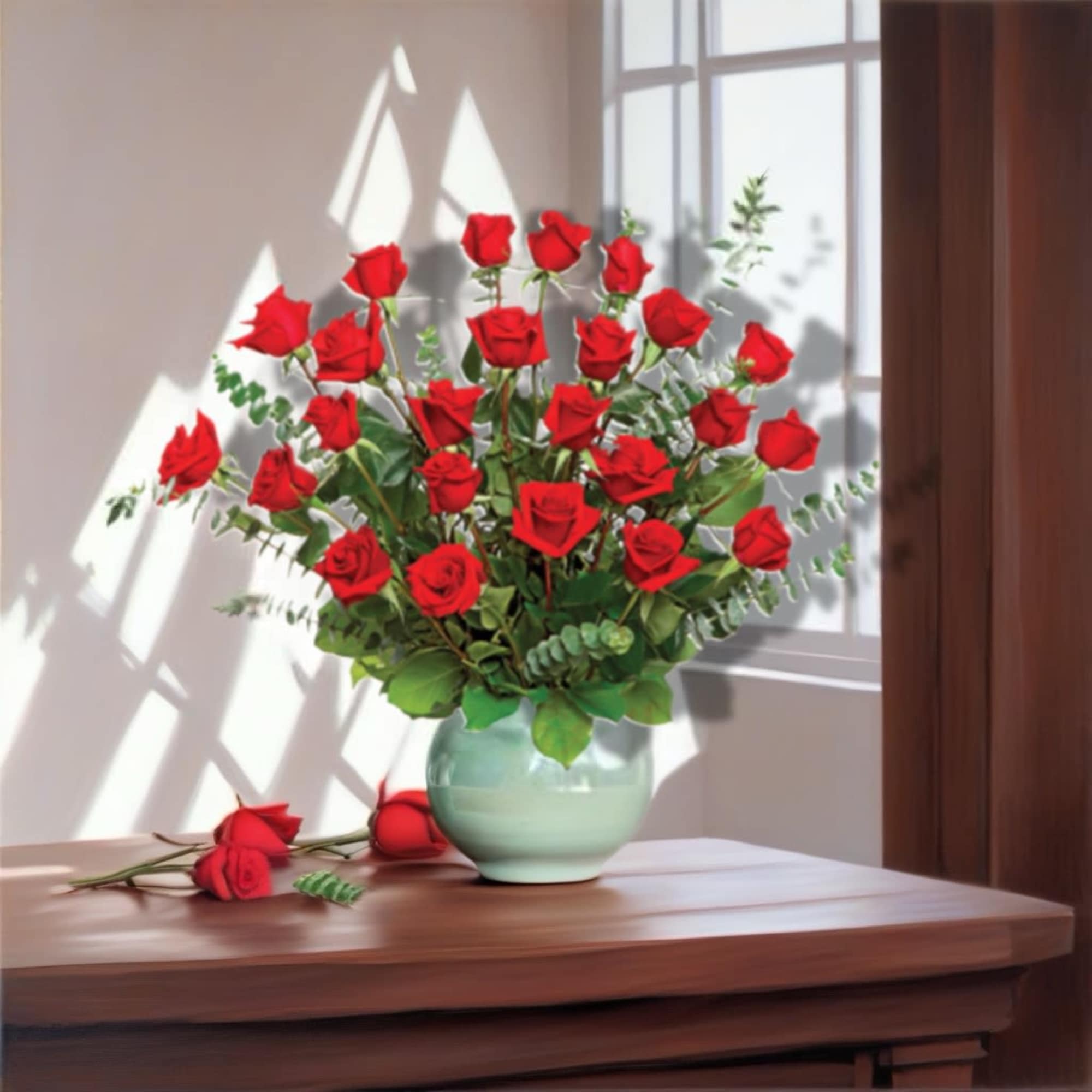 An impressive presentation of two dozen fragrant, long stemmed red roses accented