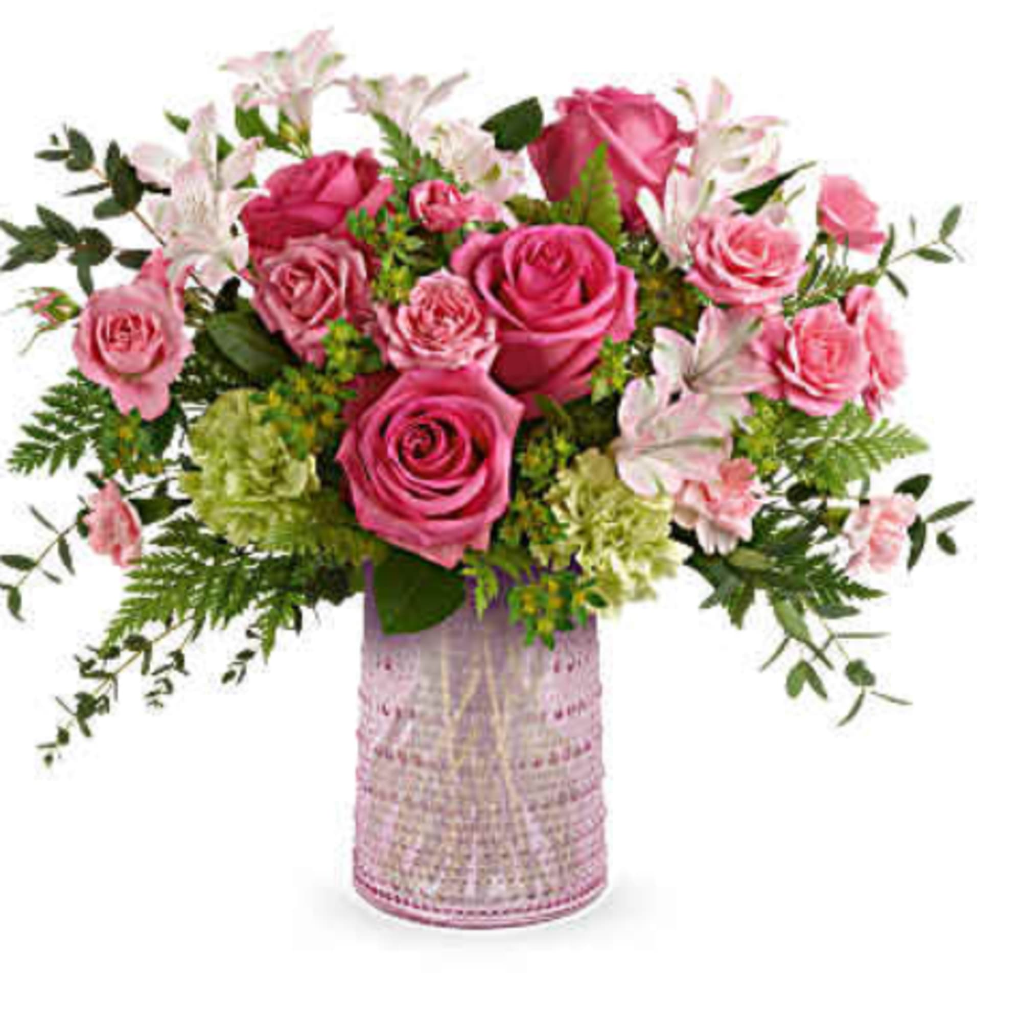 Bouquet-hot pink roses, pink spray roses, light pink alstroemeria, green carnations, pink