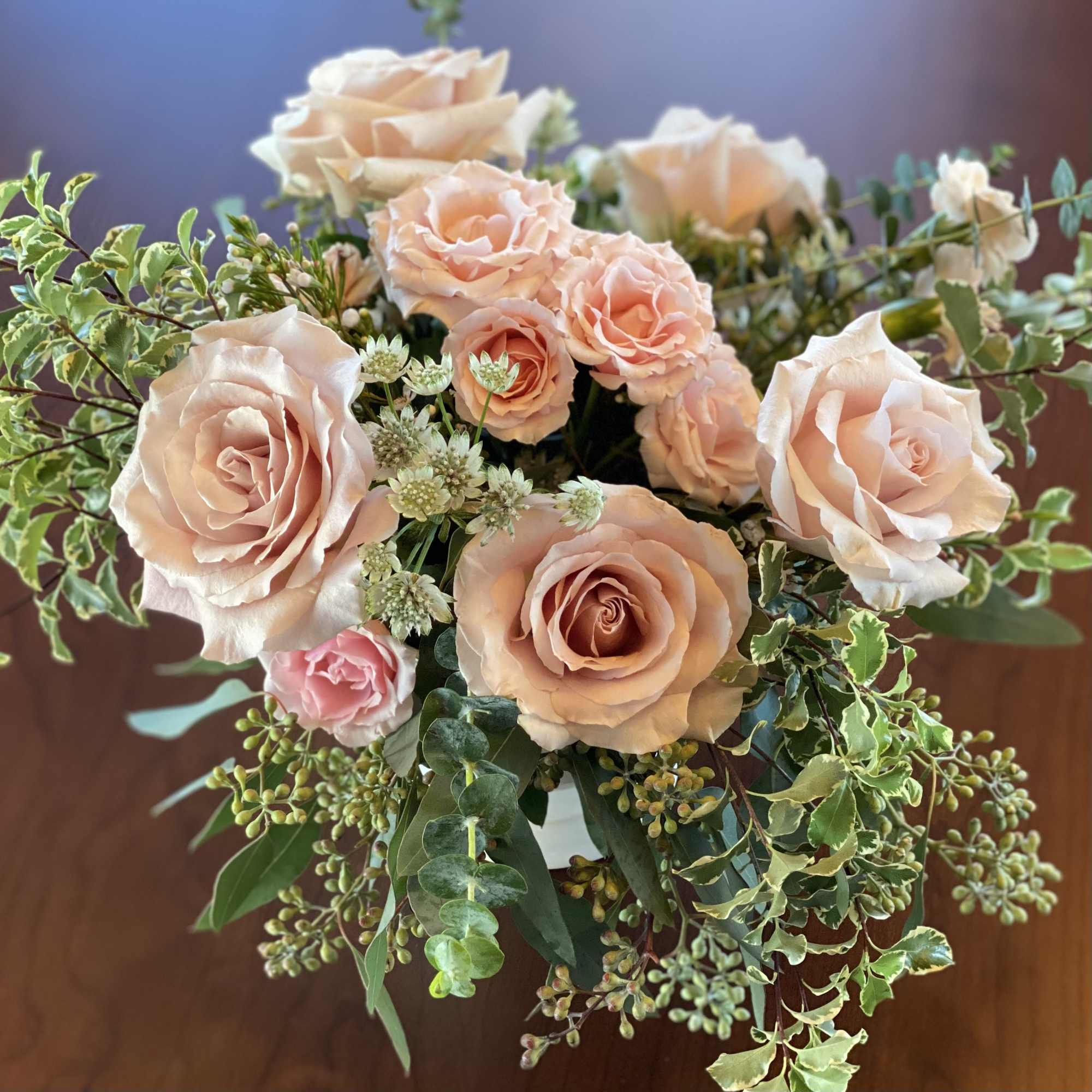 An absolutely gorgeous bouquet! Soft blushing pink hues to warm the heart.