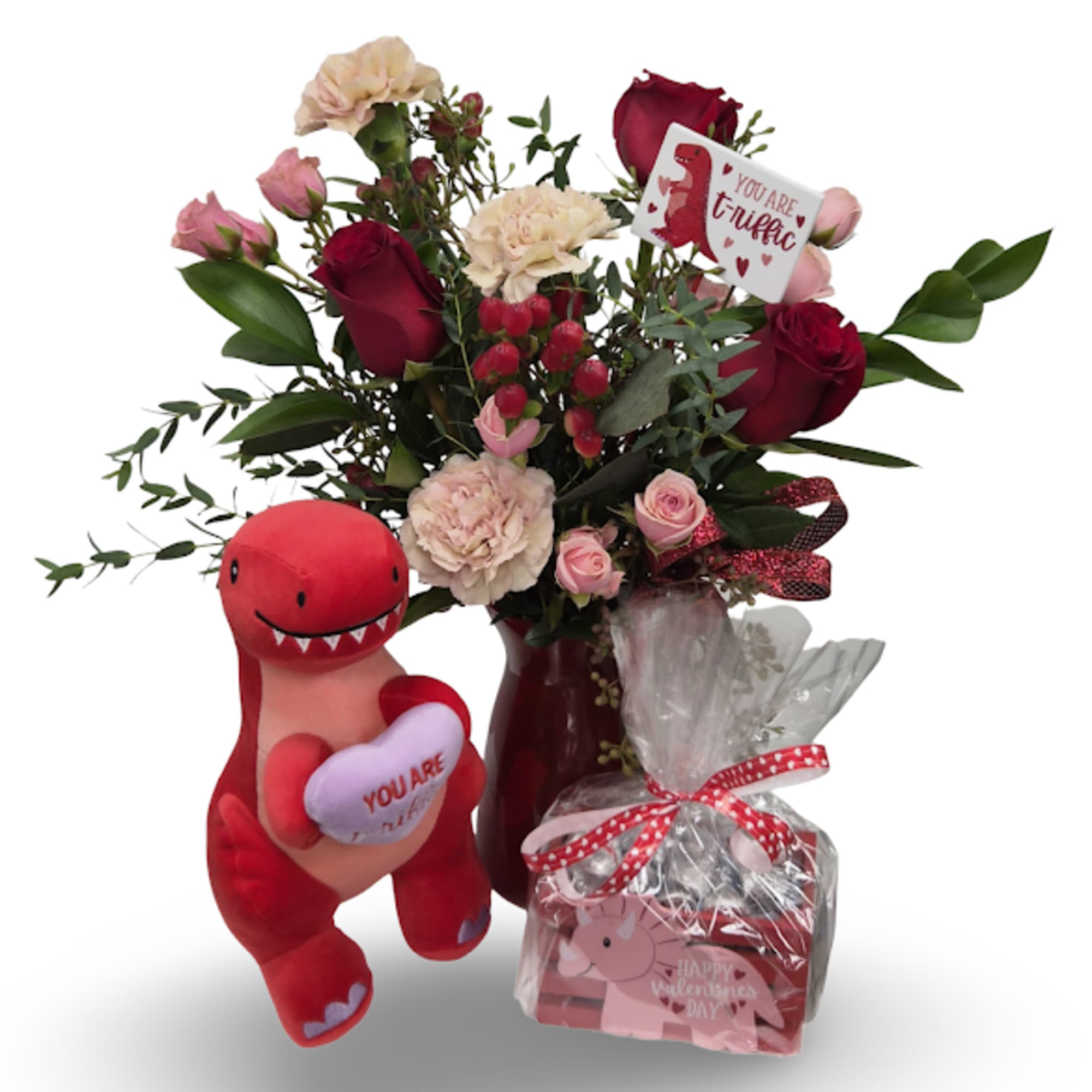 Love-o-saurus Bundle features our playful Love-o-saurus floral arrangement paired with a dinosaur