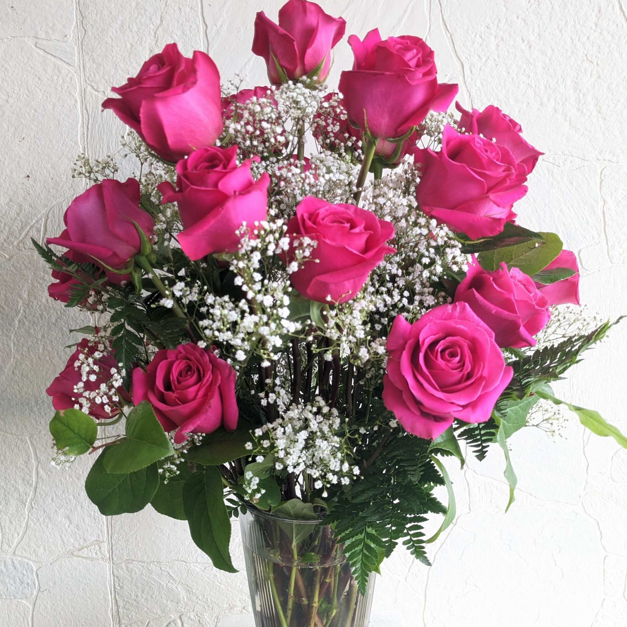 Dozen Long Stemmed  Hot Pink/ Light Pink Roses with Baby's Breath