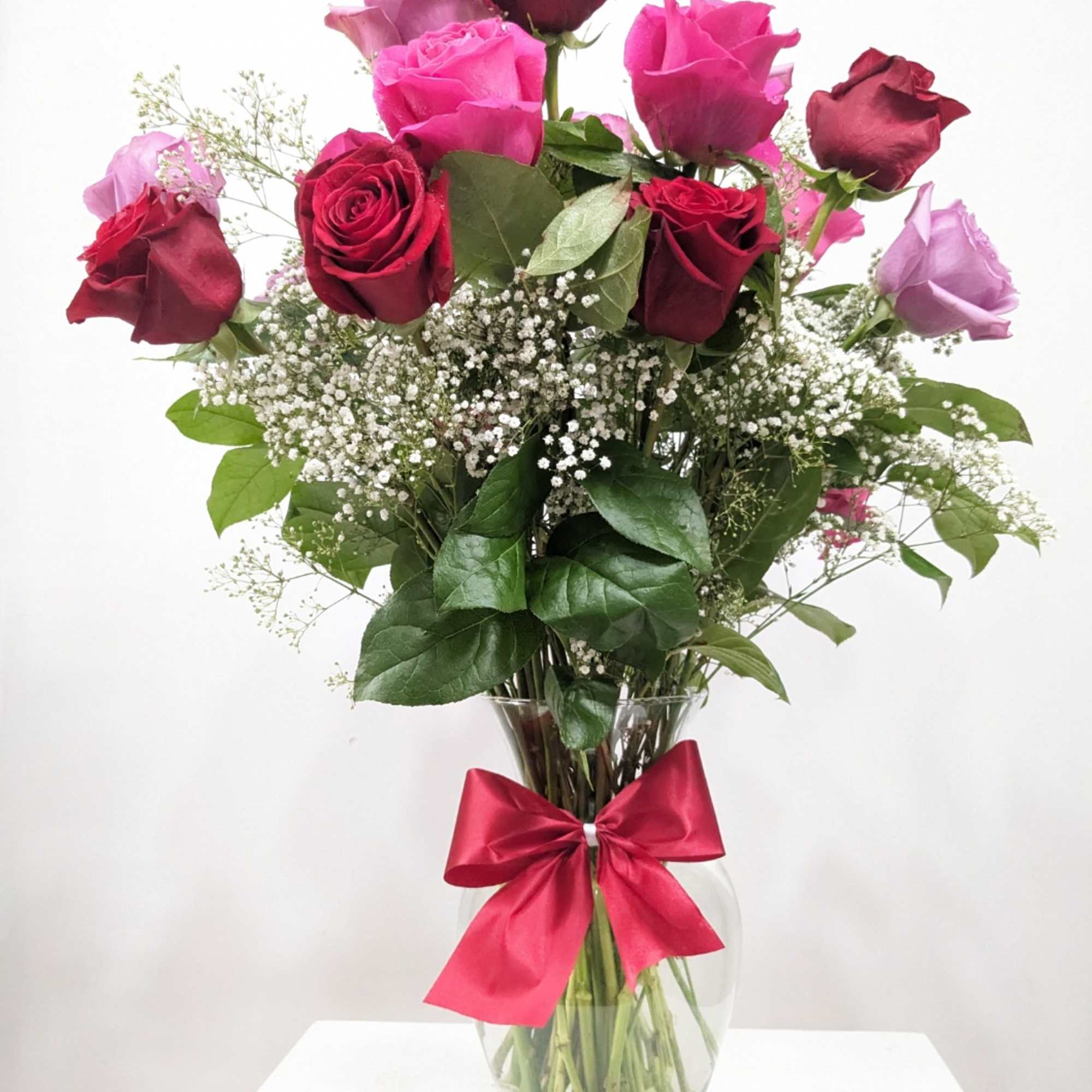 Dozen Long Stemmed  Hot Pink/ Light Pink Roses with Baby's Breath
