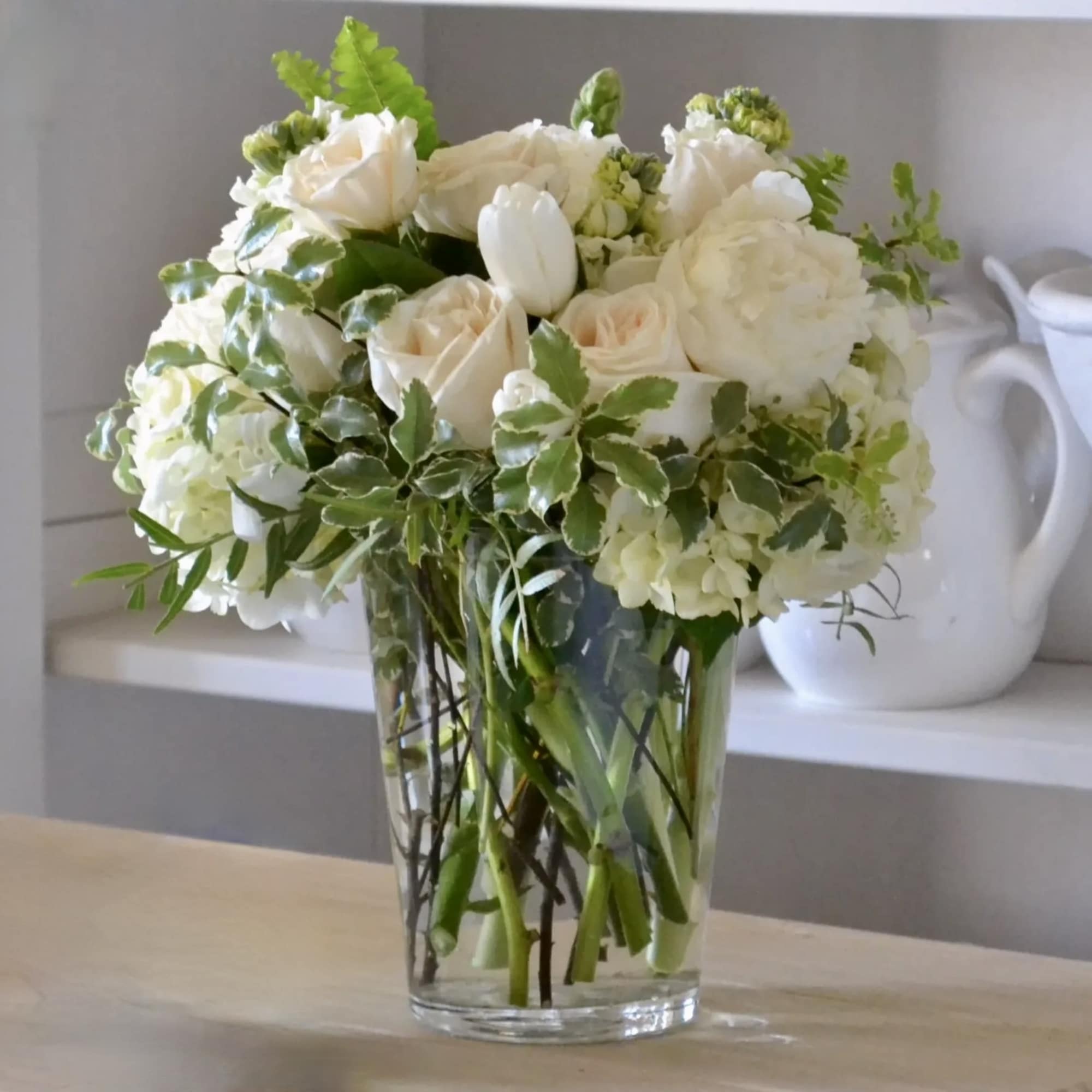 A Glowing Elegance &ndash; White Roses, Tulips, Hydrangeas &amp; Lisianthus in a