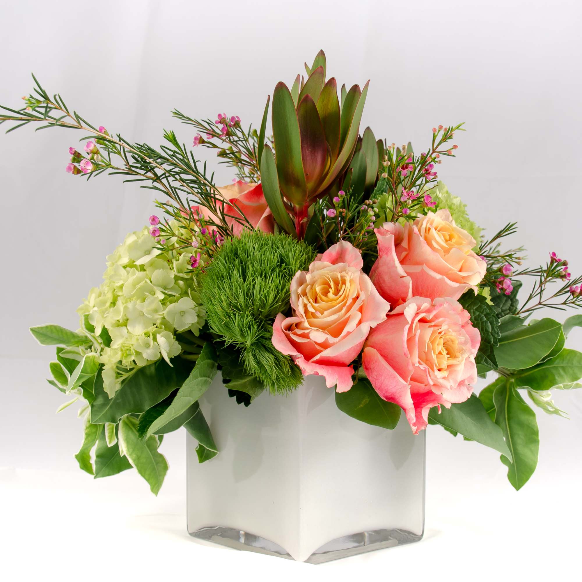 Bright and colorful arrangement, low compact design in white cubed vase. Cheer