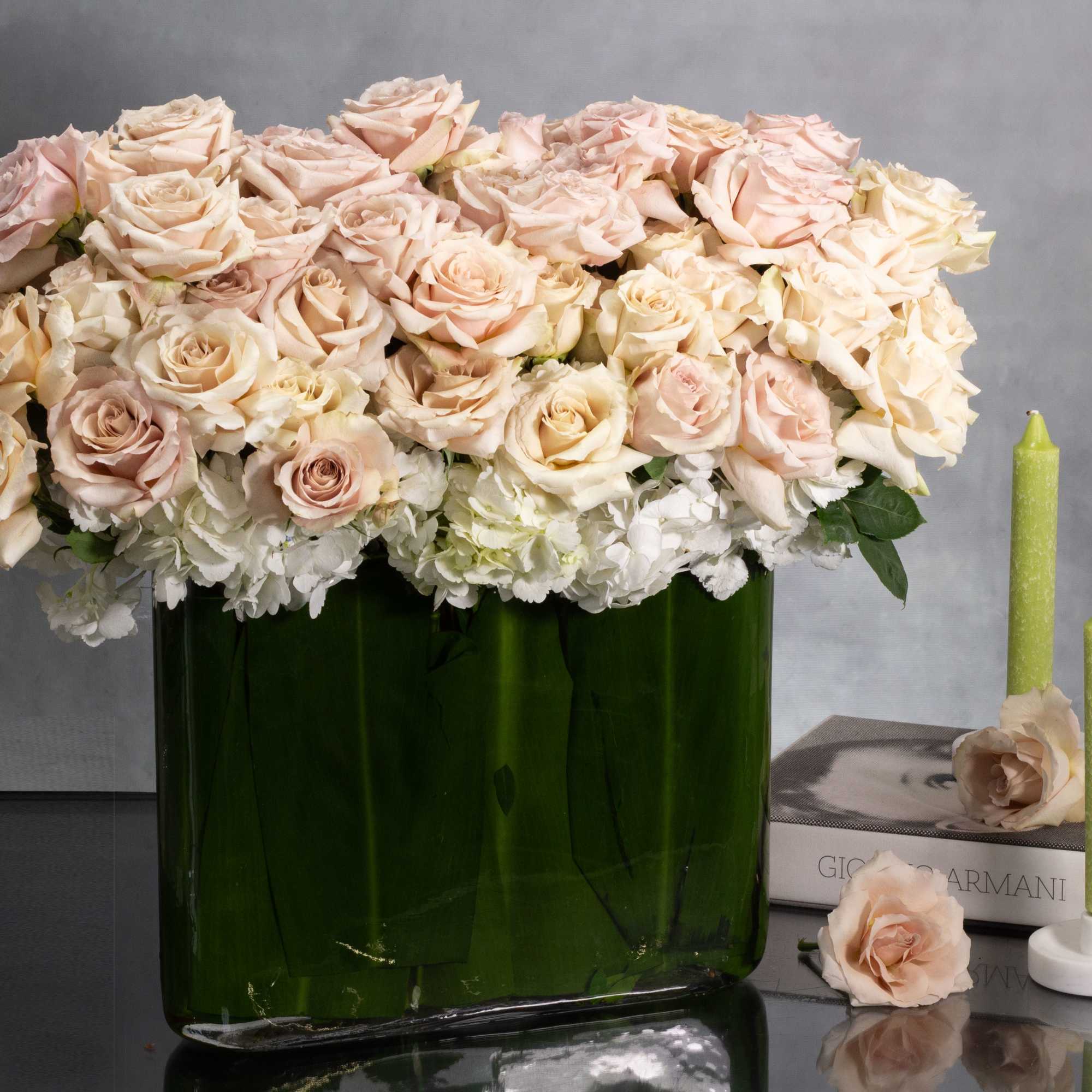 Indulge in the serene beauty of our 'Blush Hydrangea Delight' arrangement. Delicately