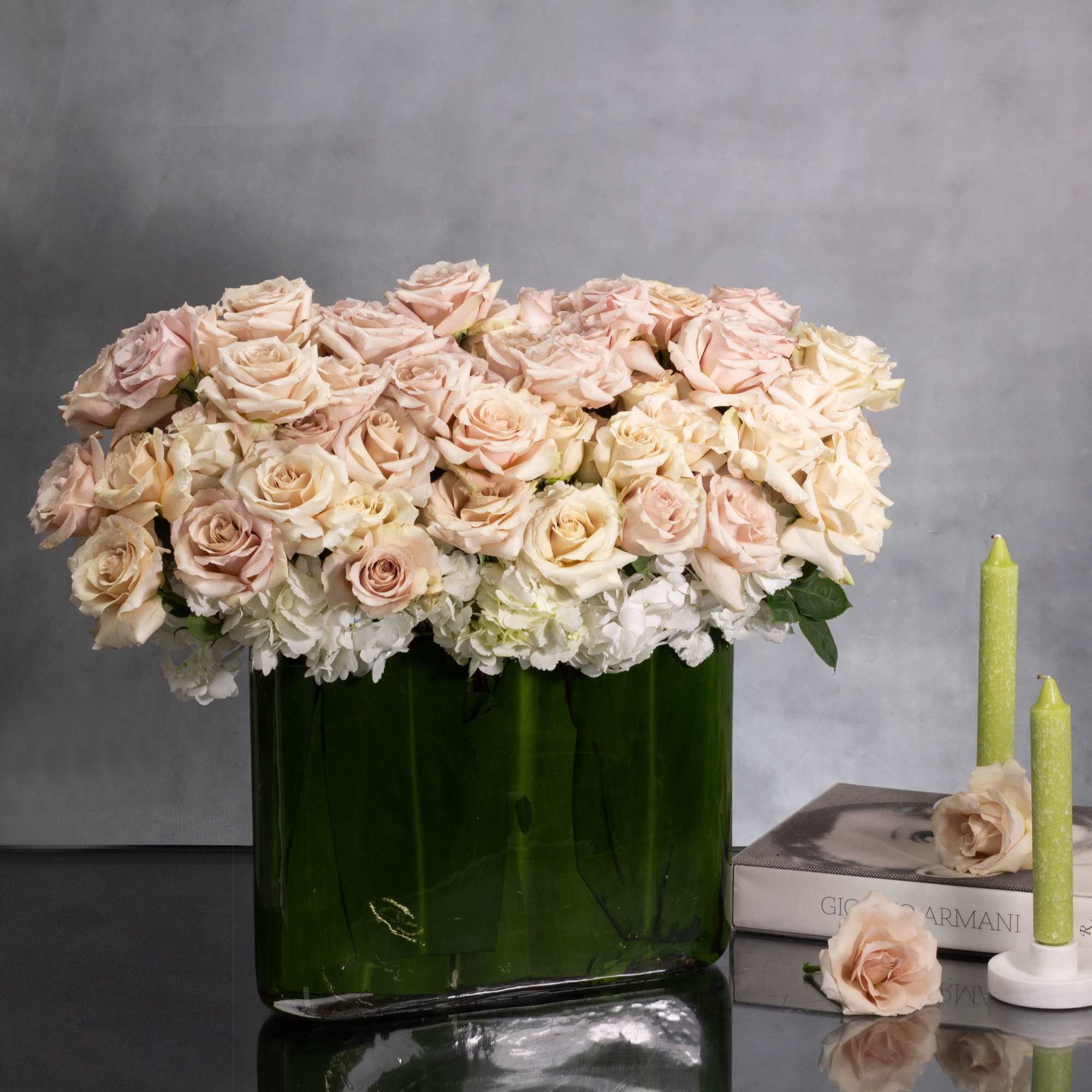 Indulge in the serene beauty of our 'Blush Hydrangea Delight' arrangement. Delicately