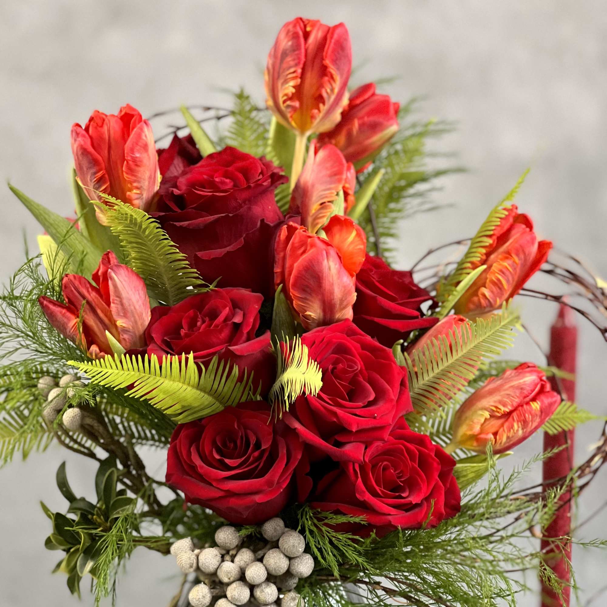 A Beautiful Display of Roses and Tulips with Burch Heart with Accents