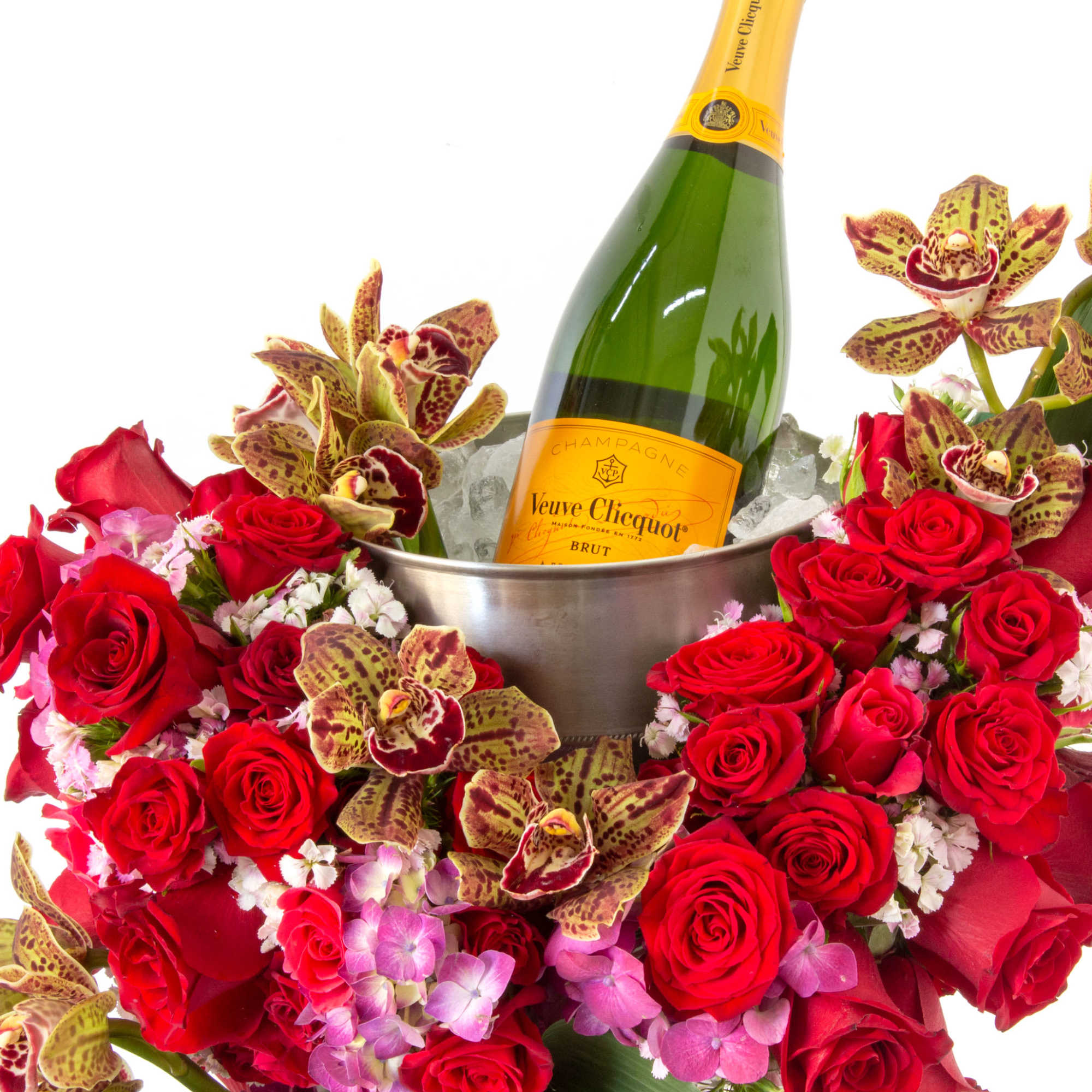 Charming floral wine bucket and stand incorporate with dramatic roses, orchids, Hydrangeas.
