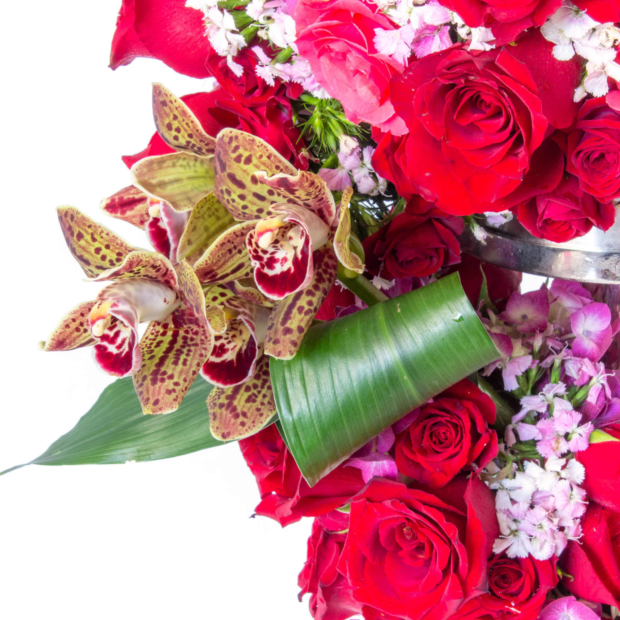 Charming floral wine bucket and stand incorporate with dramatic roses, orchids, Hydrangeas.
