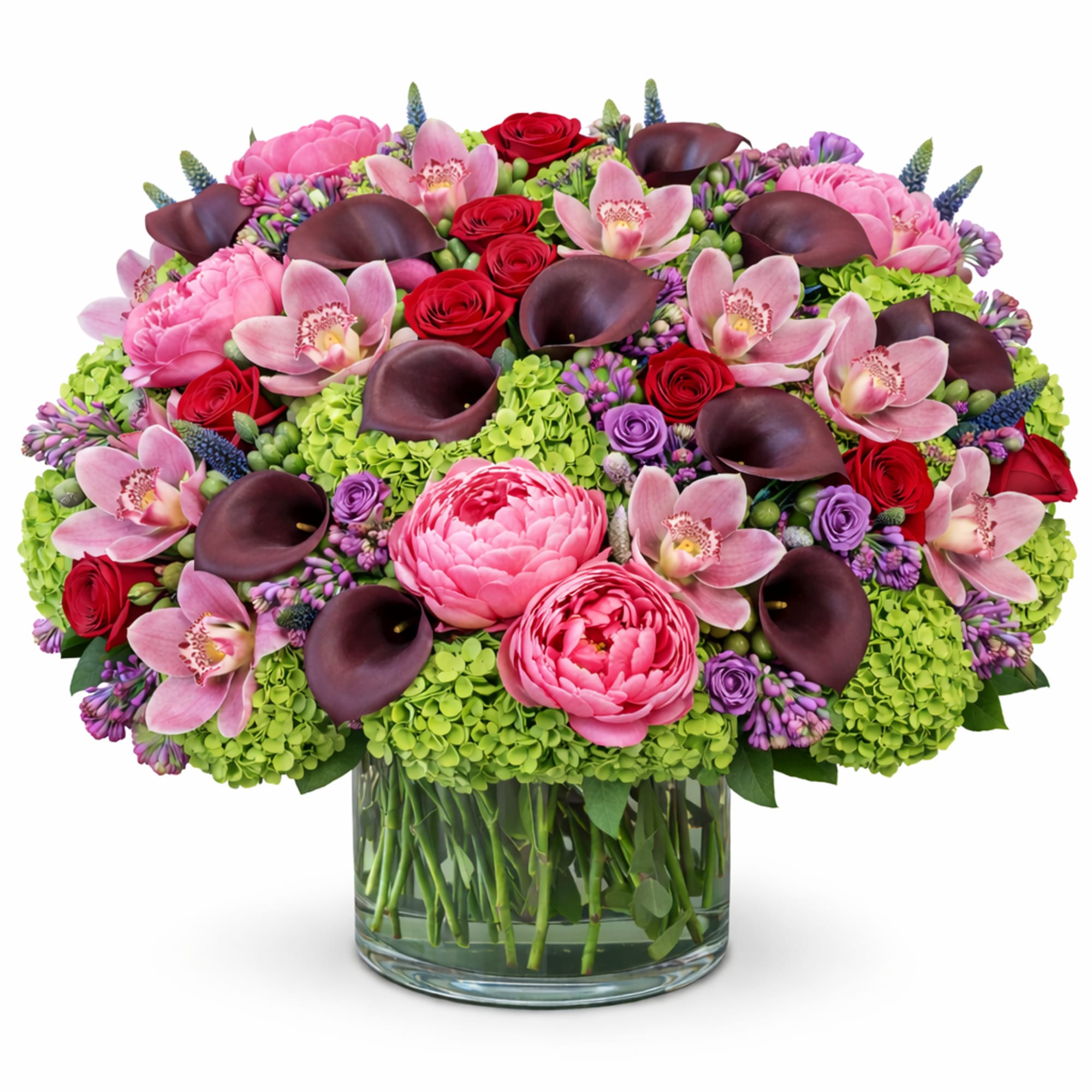 This romantic early spring arrangement features bold and passionate calla lilies, hot