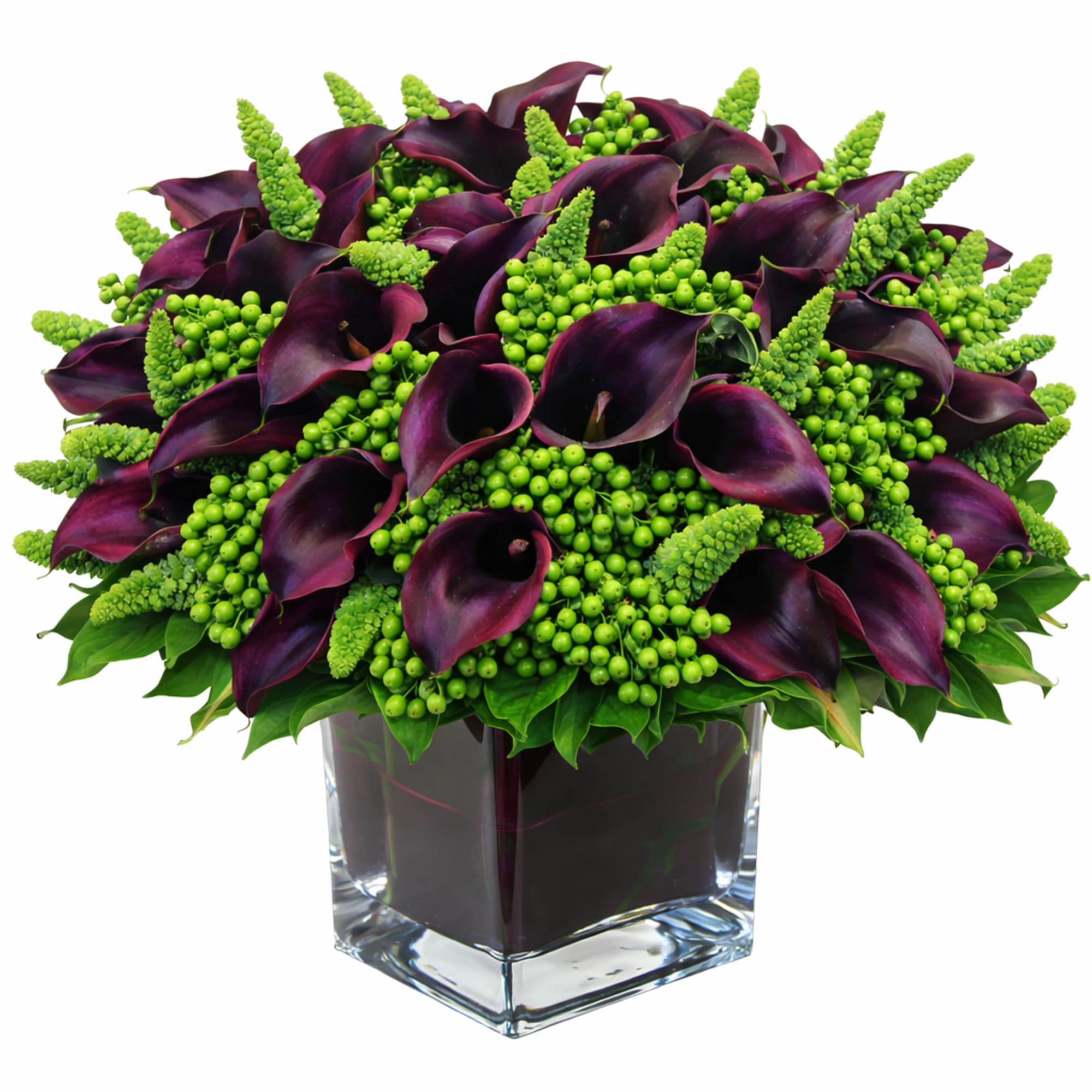 A daring composition that commands attention, this arrangement layers velvety deep-plum calla