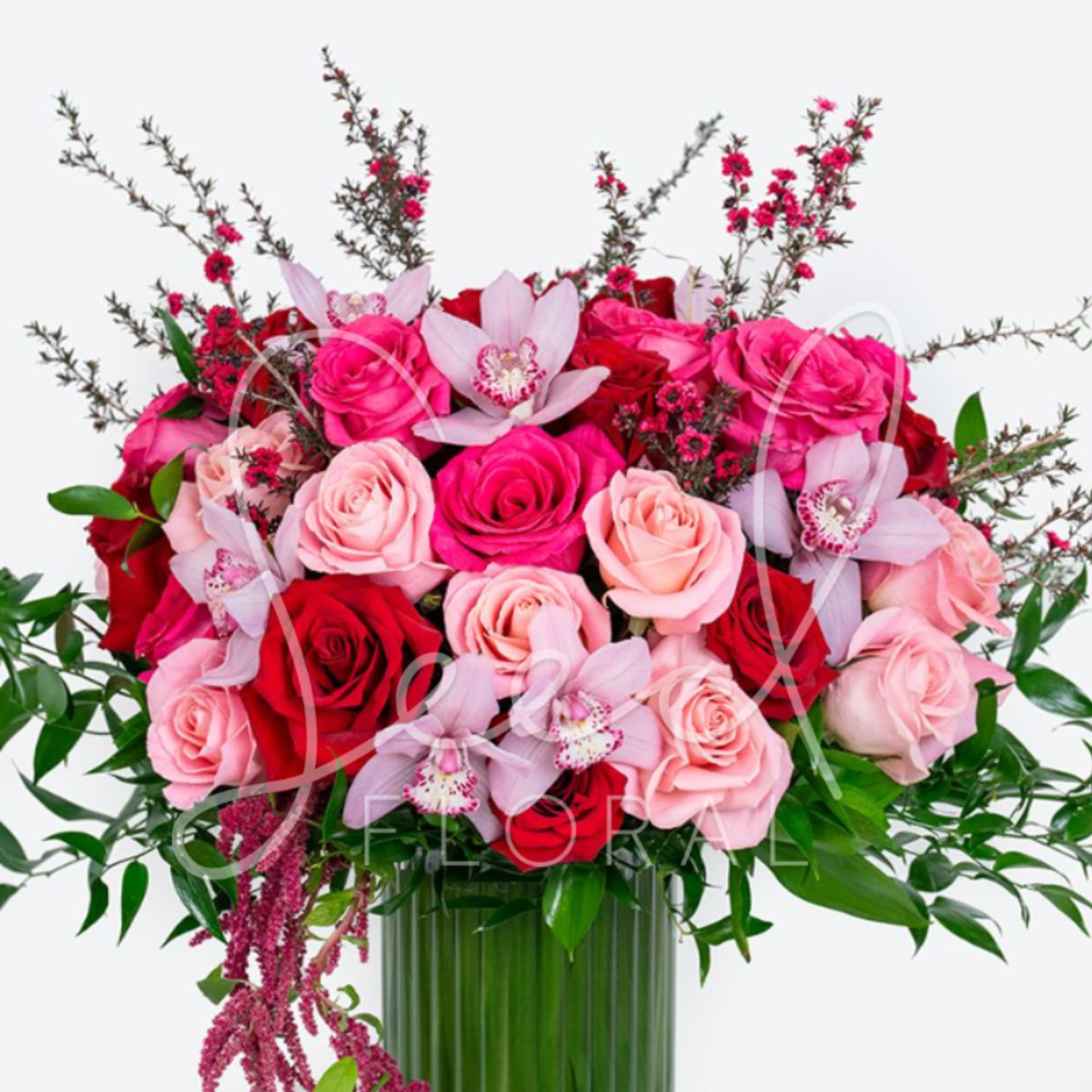 Rose Romance is a stunning Valentine&rsquo;s Day flower arrangement featuring premium red