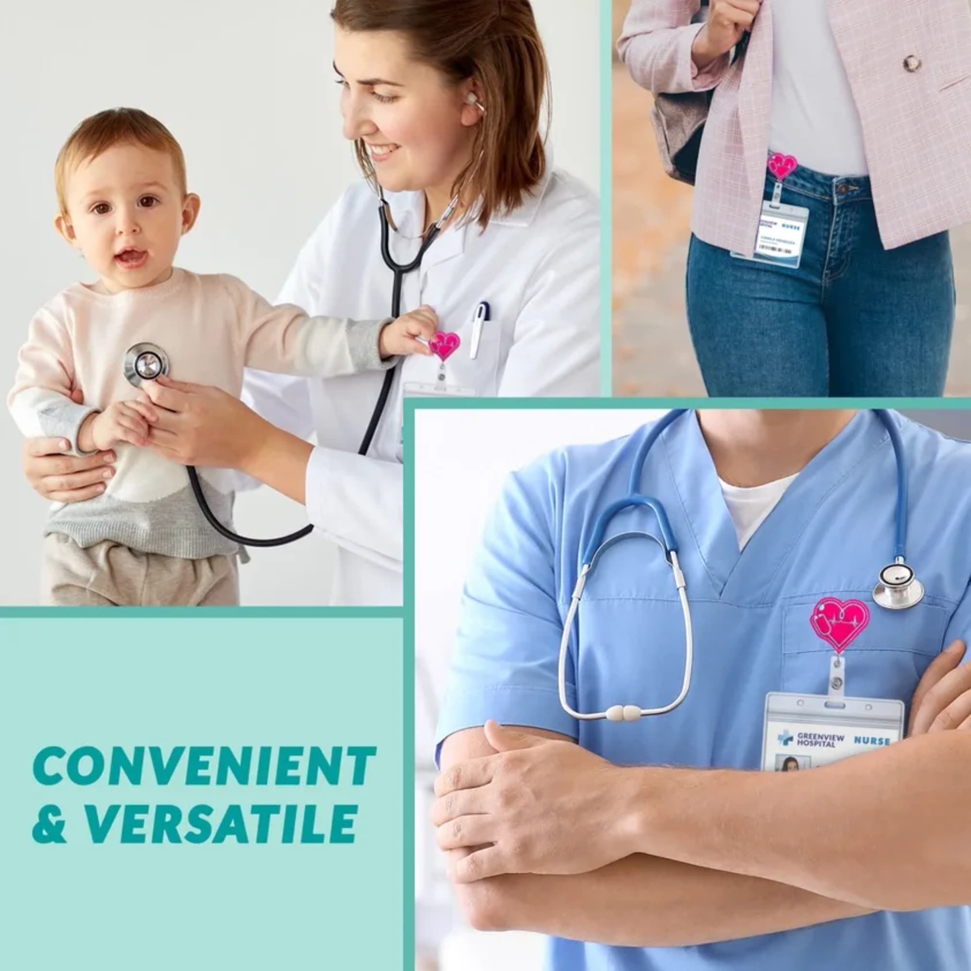 HOLDERS AVAILABLE: 
EKG HEART
KIDNEY 360
PINK BOW BANDAGE
SYRINGE
UTERUS
- 360-degree rotating alligator clip
- Retractable