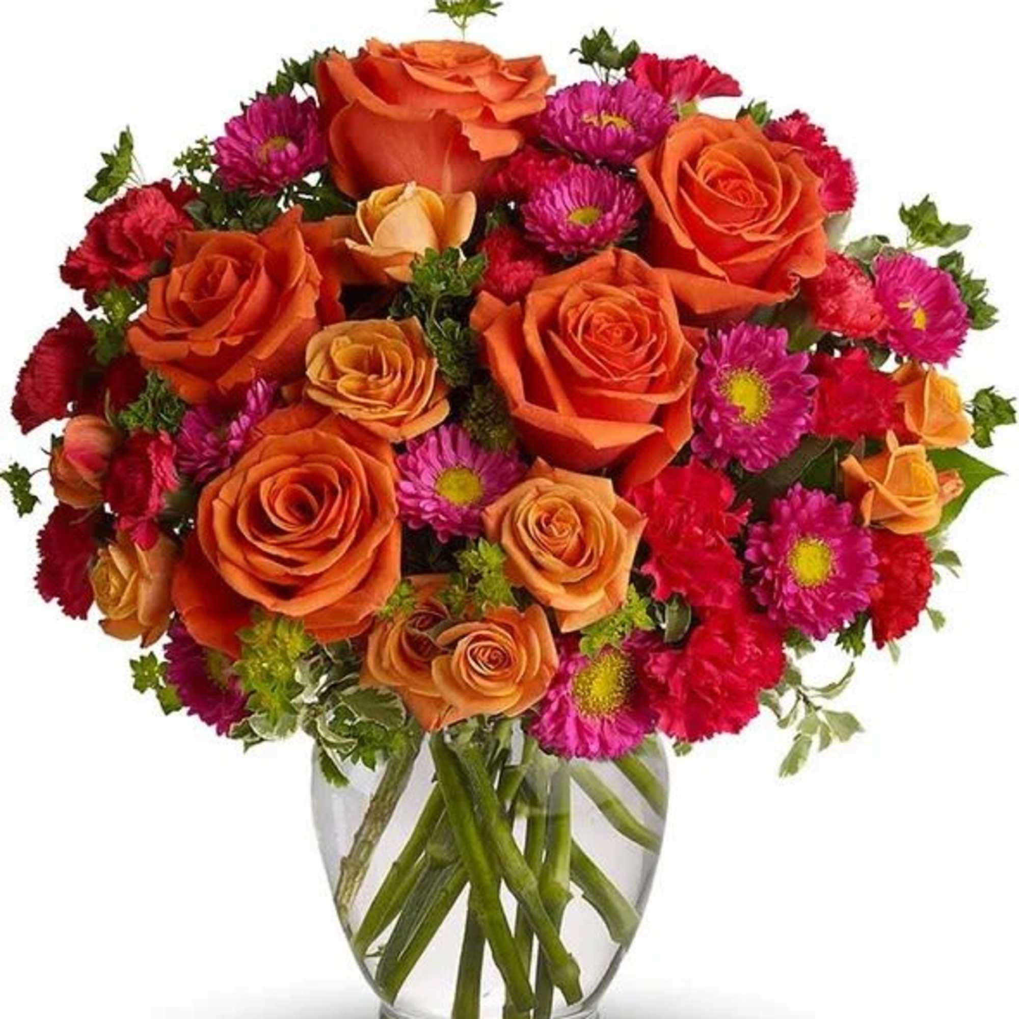 Arrangement includes orange roses, assorted red, purple/orange flowers and greenery in a