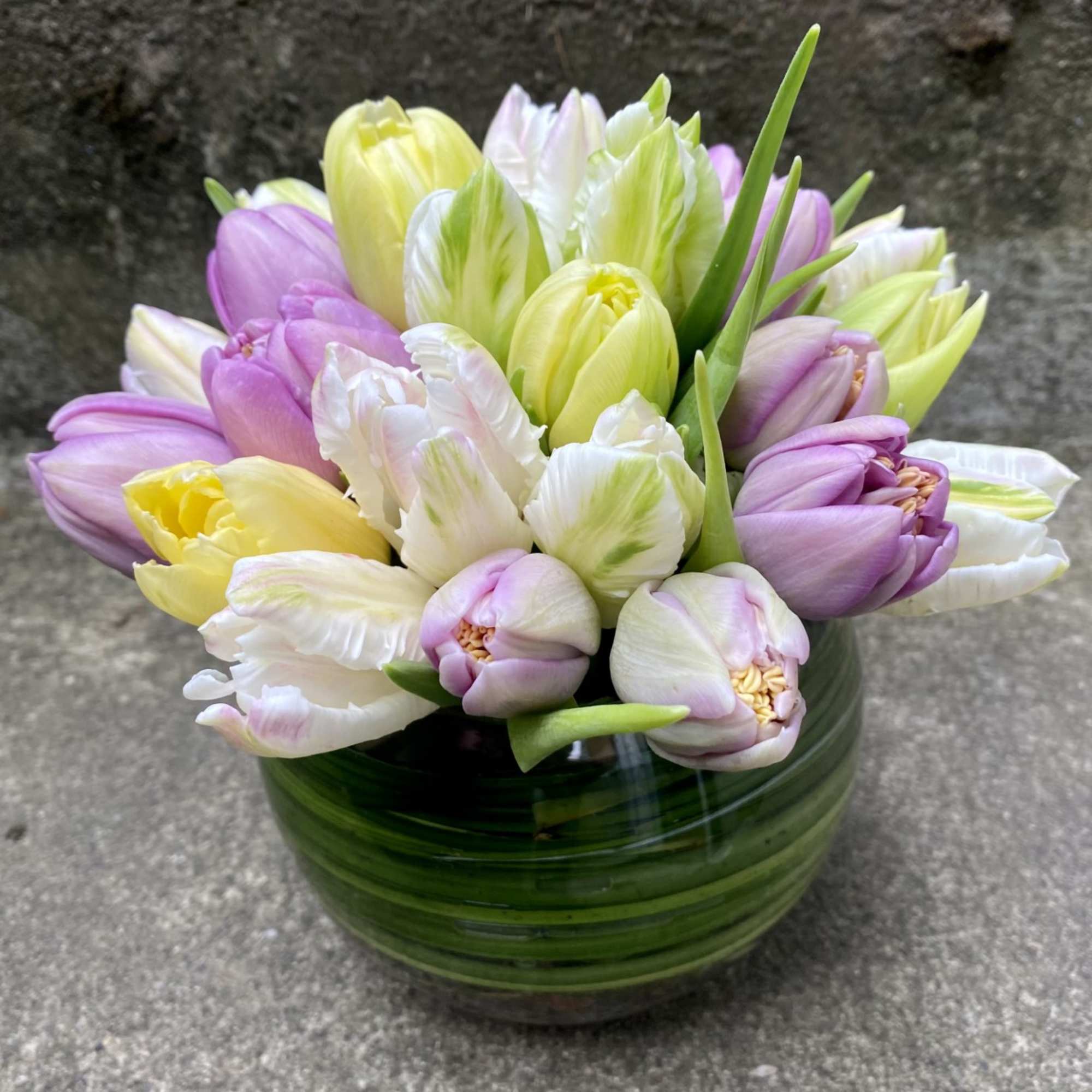 A collection of beautiful, fancy tulips in a bubble bowl that is