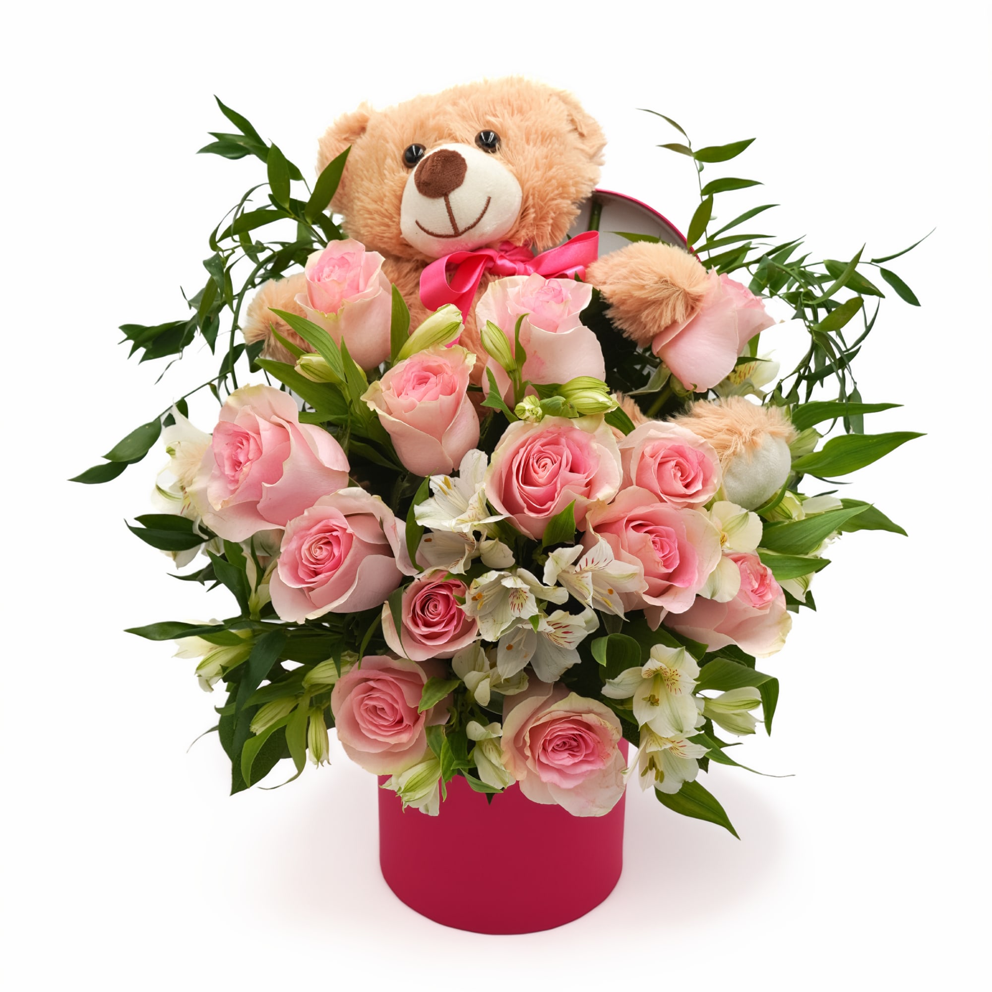 One Dozen Pink Roses with a Bear 