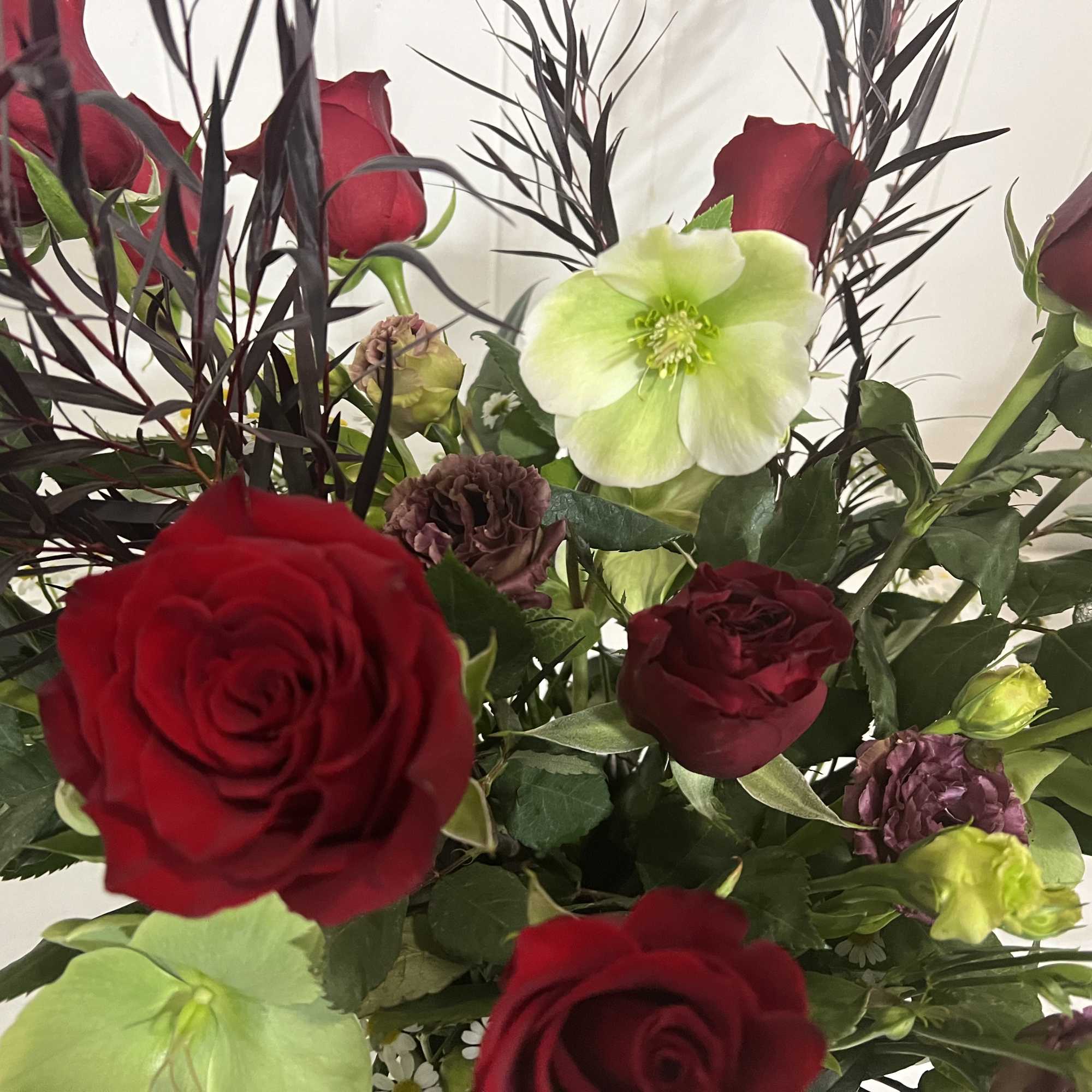 A dozen (12 stems) of red roses, adorned with seasonal greenery, foliage