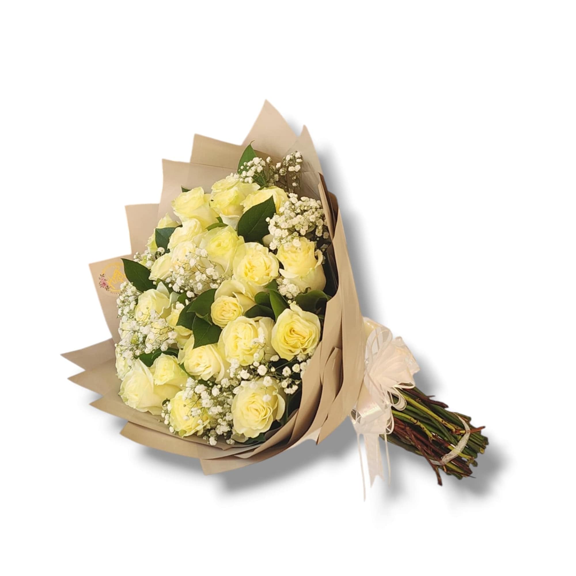 12 White Roses. Wrapped in Brown Paper.