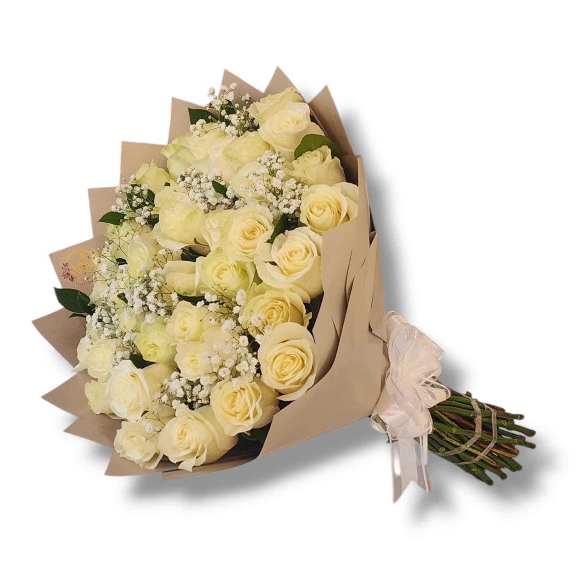 12 White Roses. Wrapped in Brown Paper.
