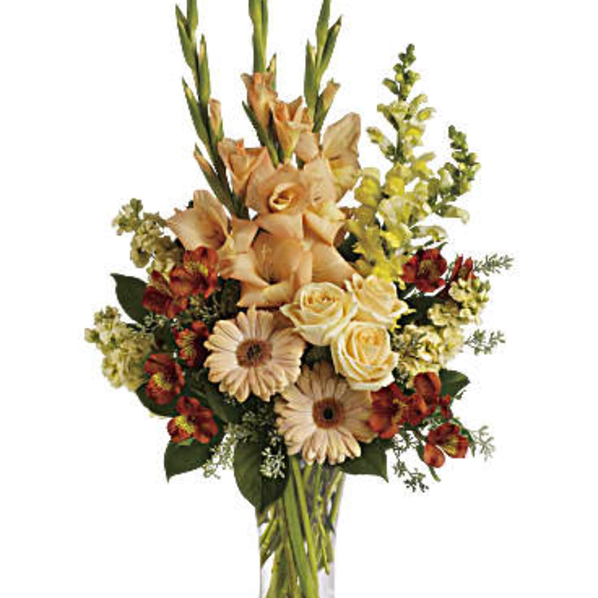 Express your condolences in tasteful shades of color with peach, orange and