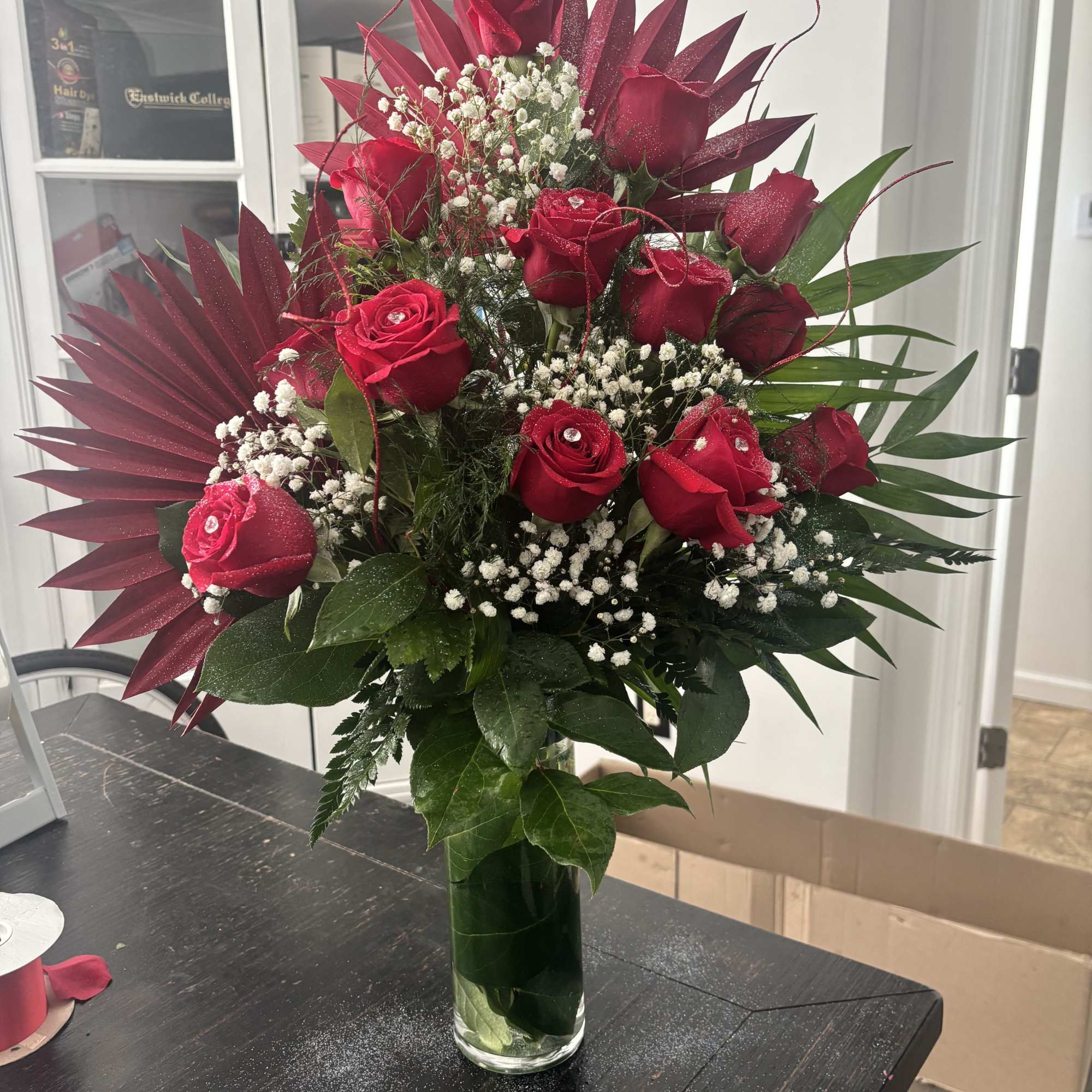 Oriental rose arrangement in vase with crystal diamonds 