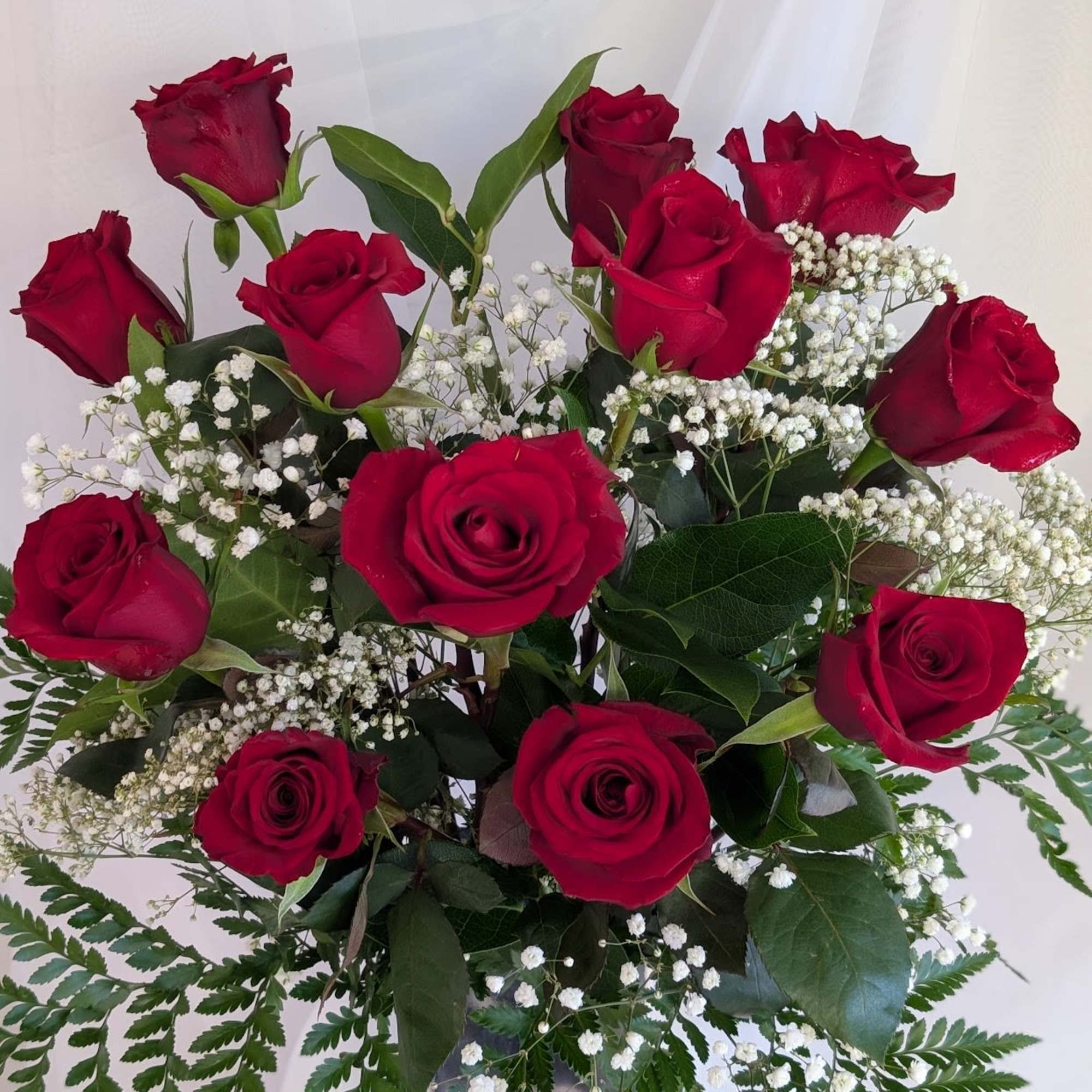 Beautiful one dozen Red Roses surrounded by lush greenery and baby's breath