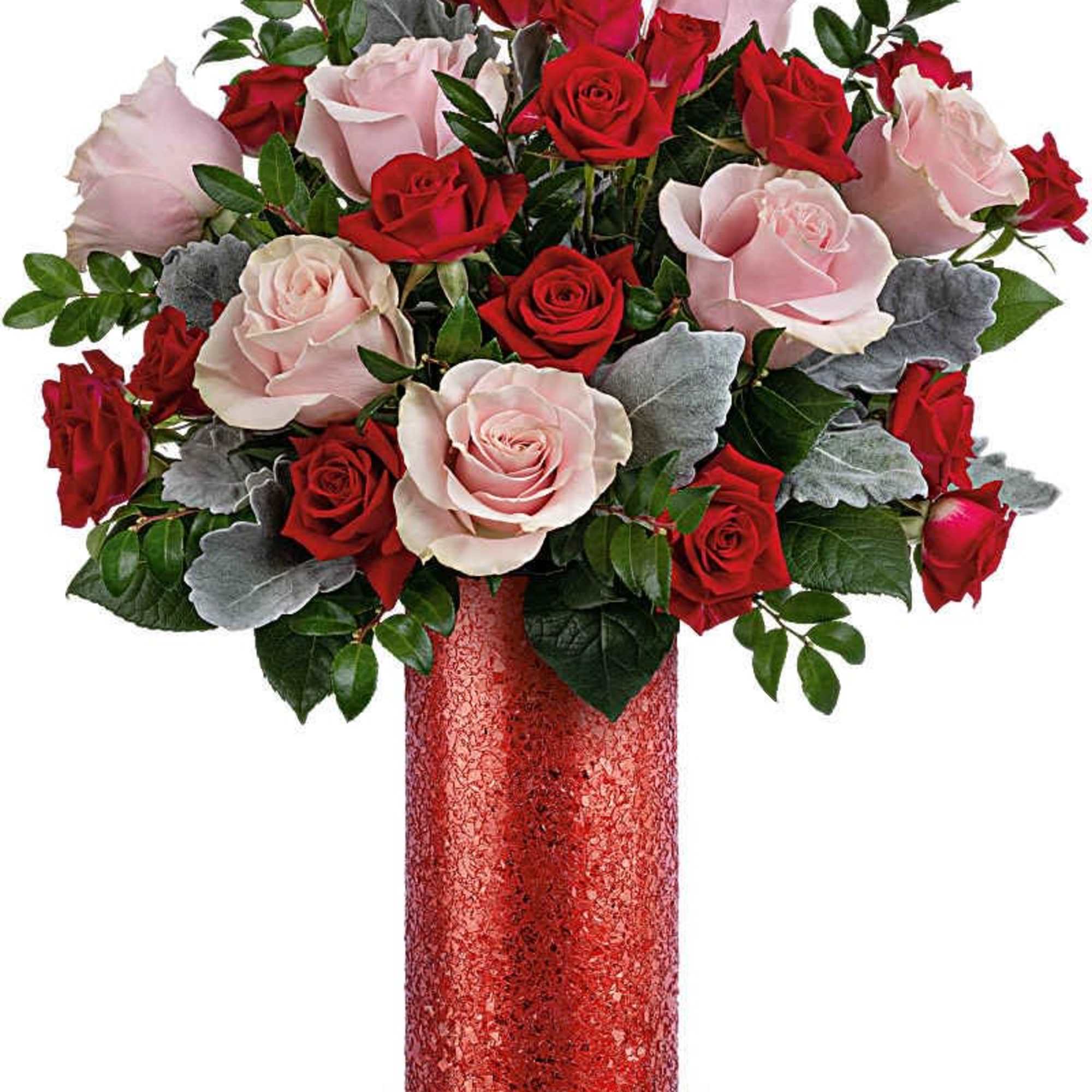 Teleflora's Boldly Beautiful Bouquet includes pink roses, red spray roses, and dusty
