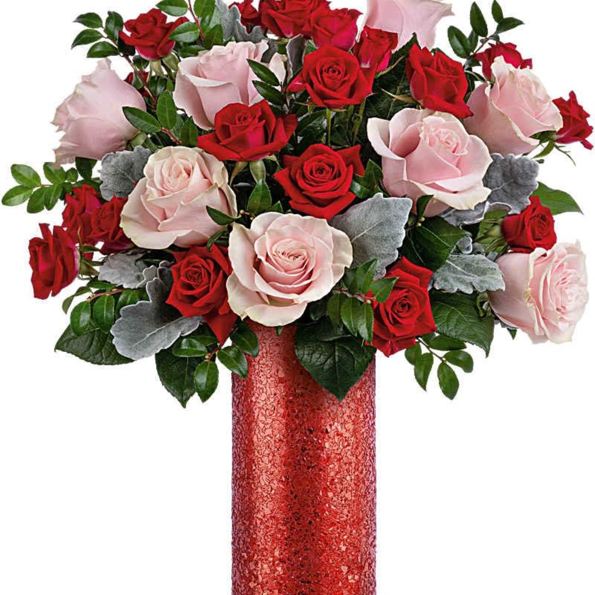 Teleflora's Boldly Beautiful Bouquet includes pink roses, red spray roses, and dusty