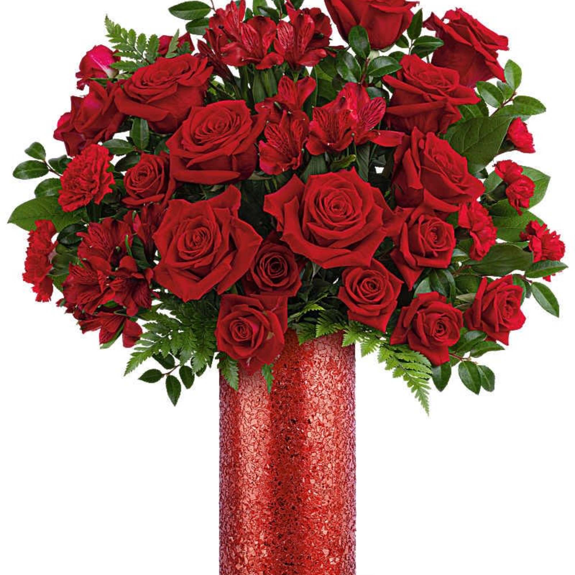 Teleflora's All My Rouge Bouquet includes red roses, red spray roses, red