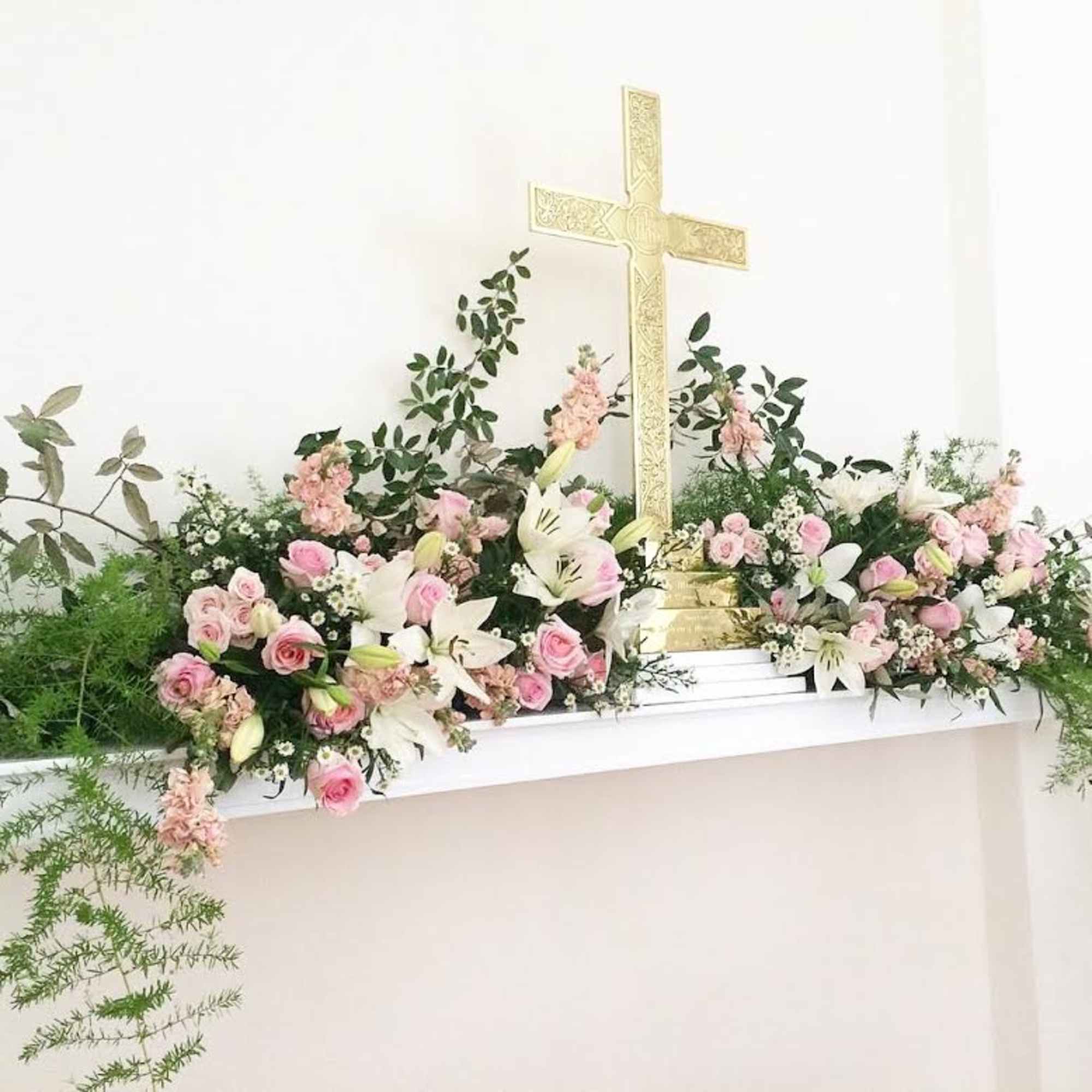 These beautiful altar flowers are shown in whites, greens, light pinks and
