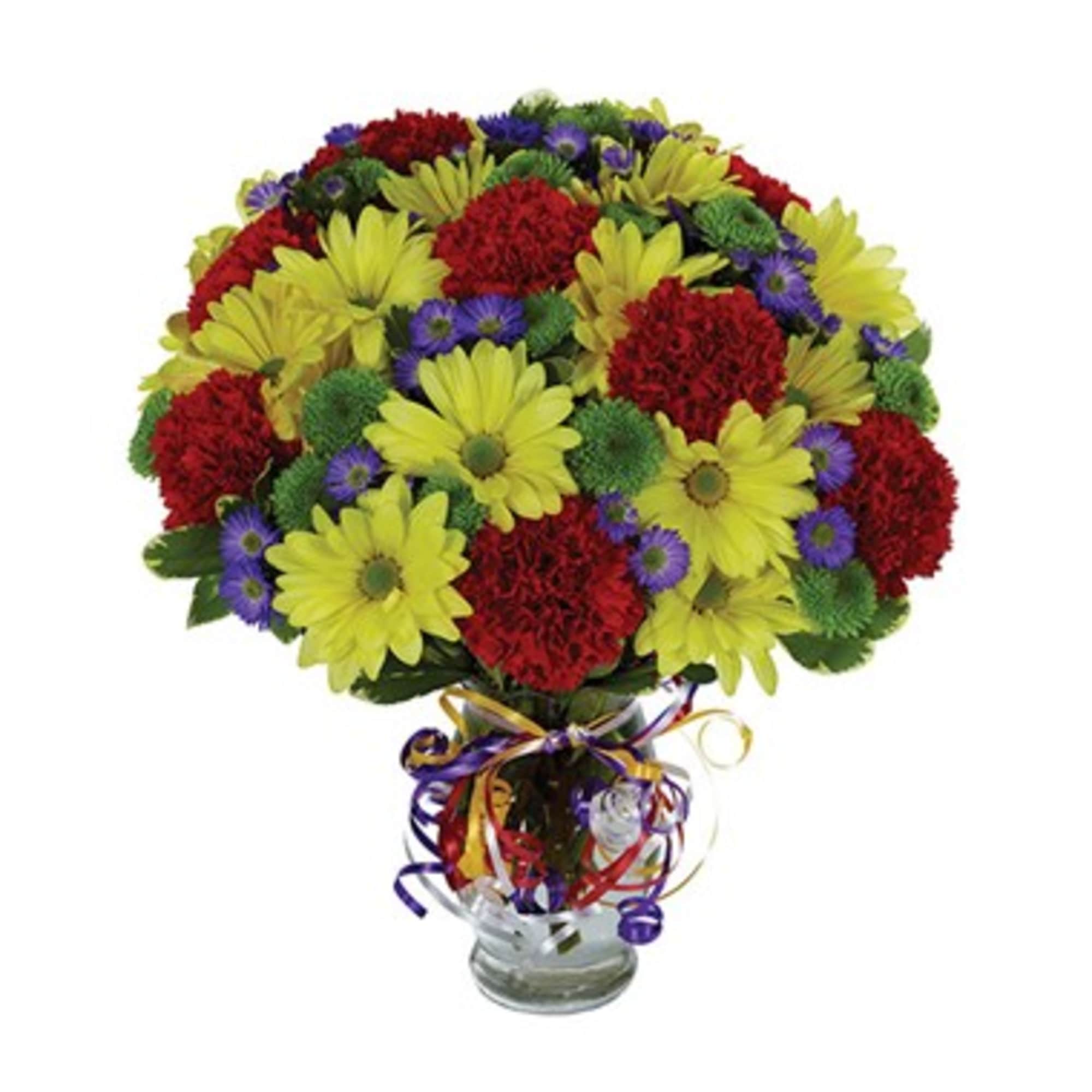 Red carnations, yellow daisies, purple Monte Casino blooms and green button poms