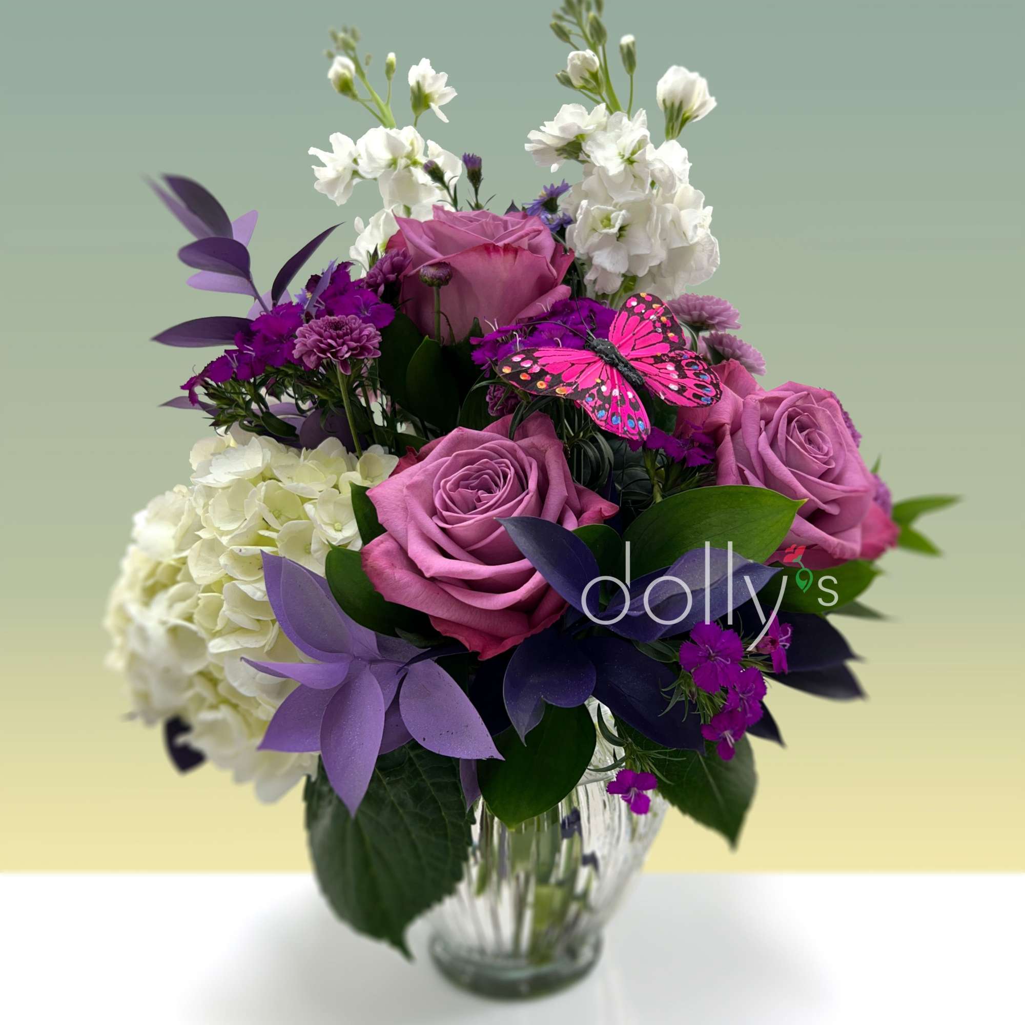 Give a big hug when gifting this bouquet of lavender roses, hydrangeas