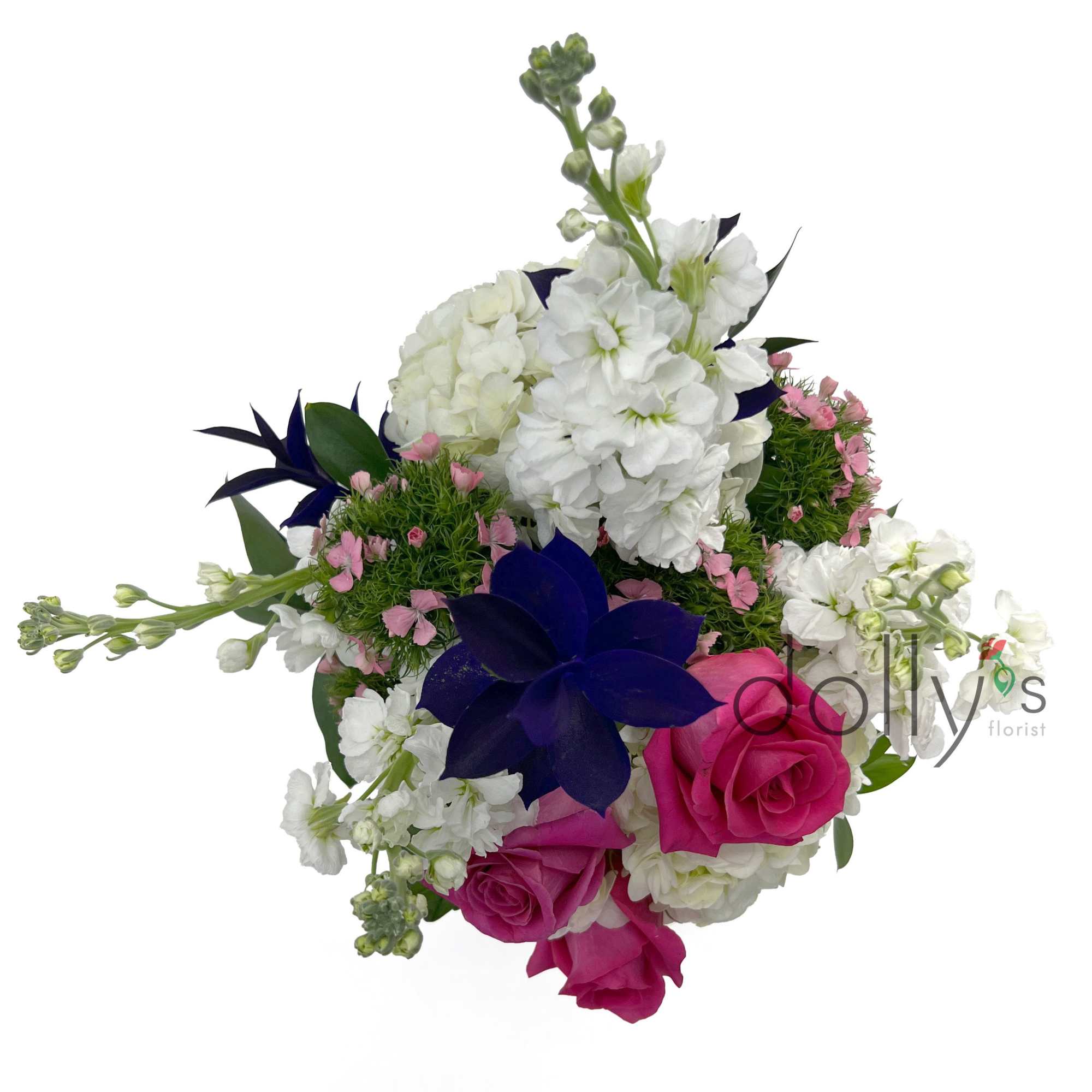 Highlights two shades of pink with roses and dianthus, accented by deep